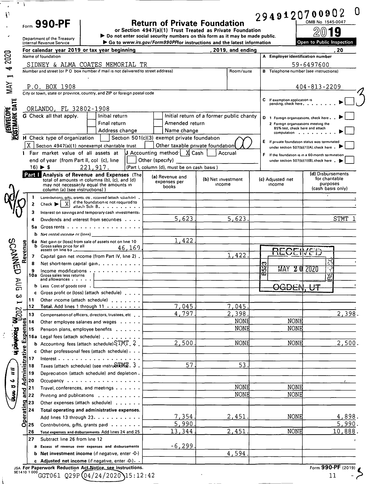 Image of first page of 2019 Form 990PR for Sidney and Alma Coates Memorial Trust