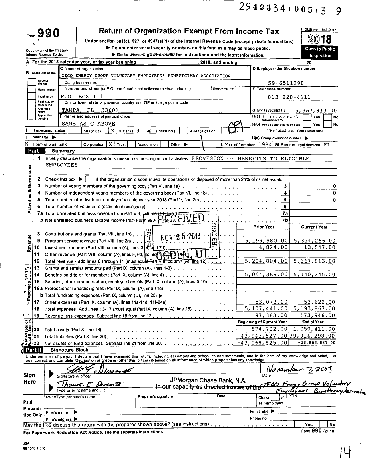 Image of first page of 2018 Form 990O for Teco Energy Group Voluntary Employees Beneficiary Association