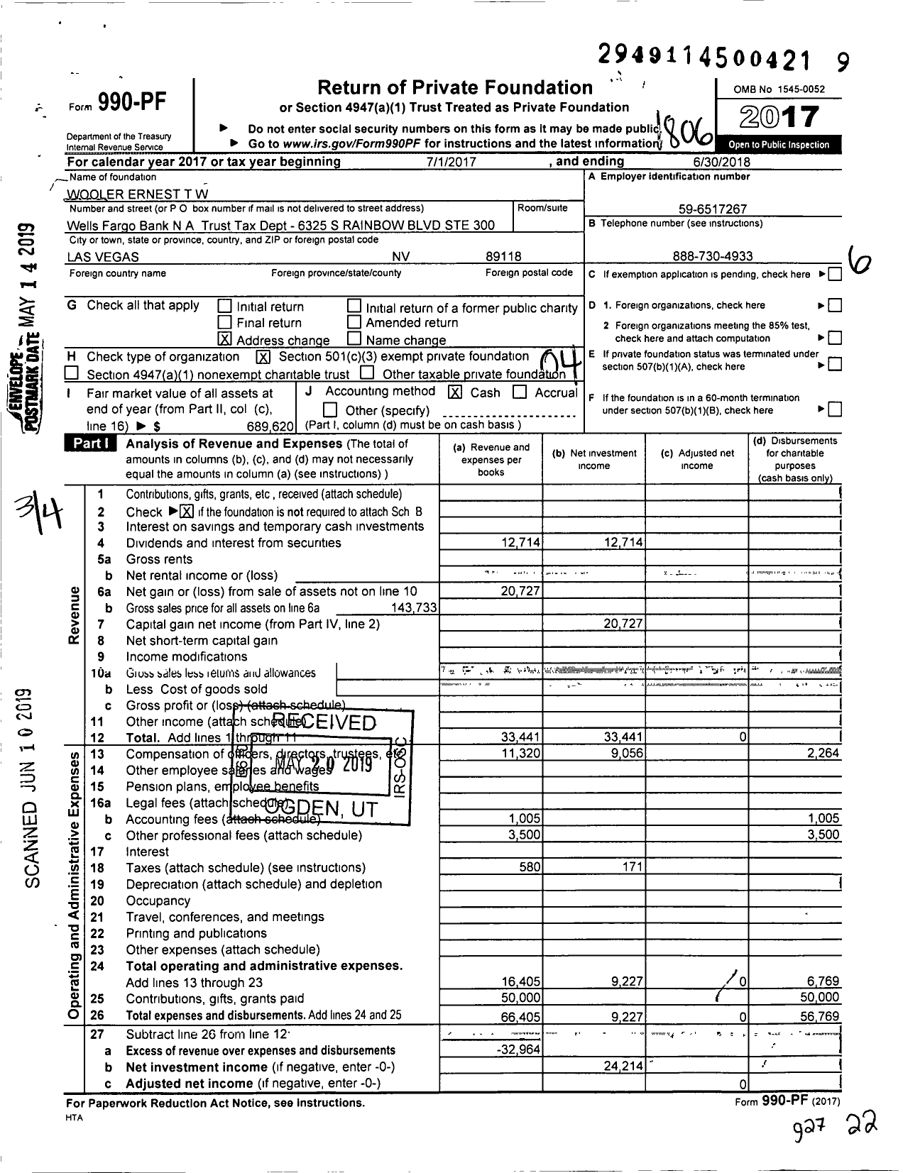 Image of first page of 2017 Form 990PF for Wooler Ernest T W