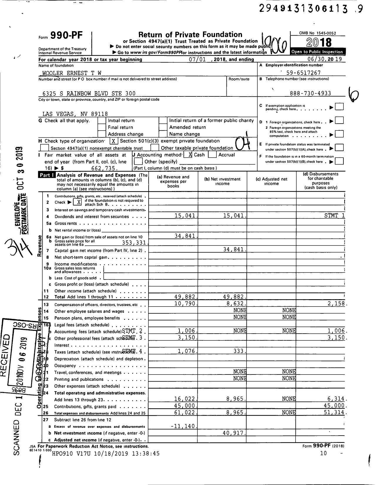 Image of first page of 2018 Form 990PF for Wooler Ernest T W