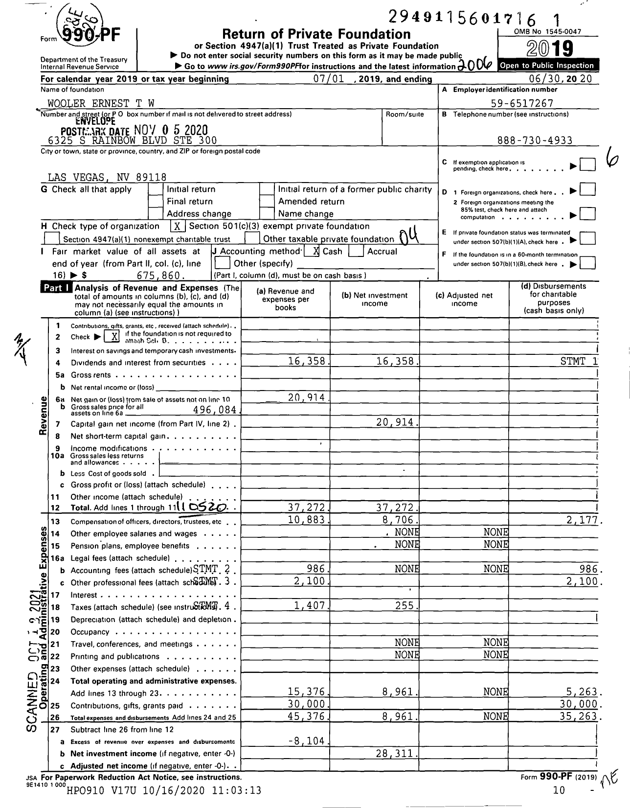 Image of first page of 2019 Form 990PF for Wooler Ernest T W