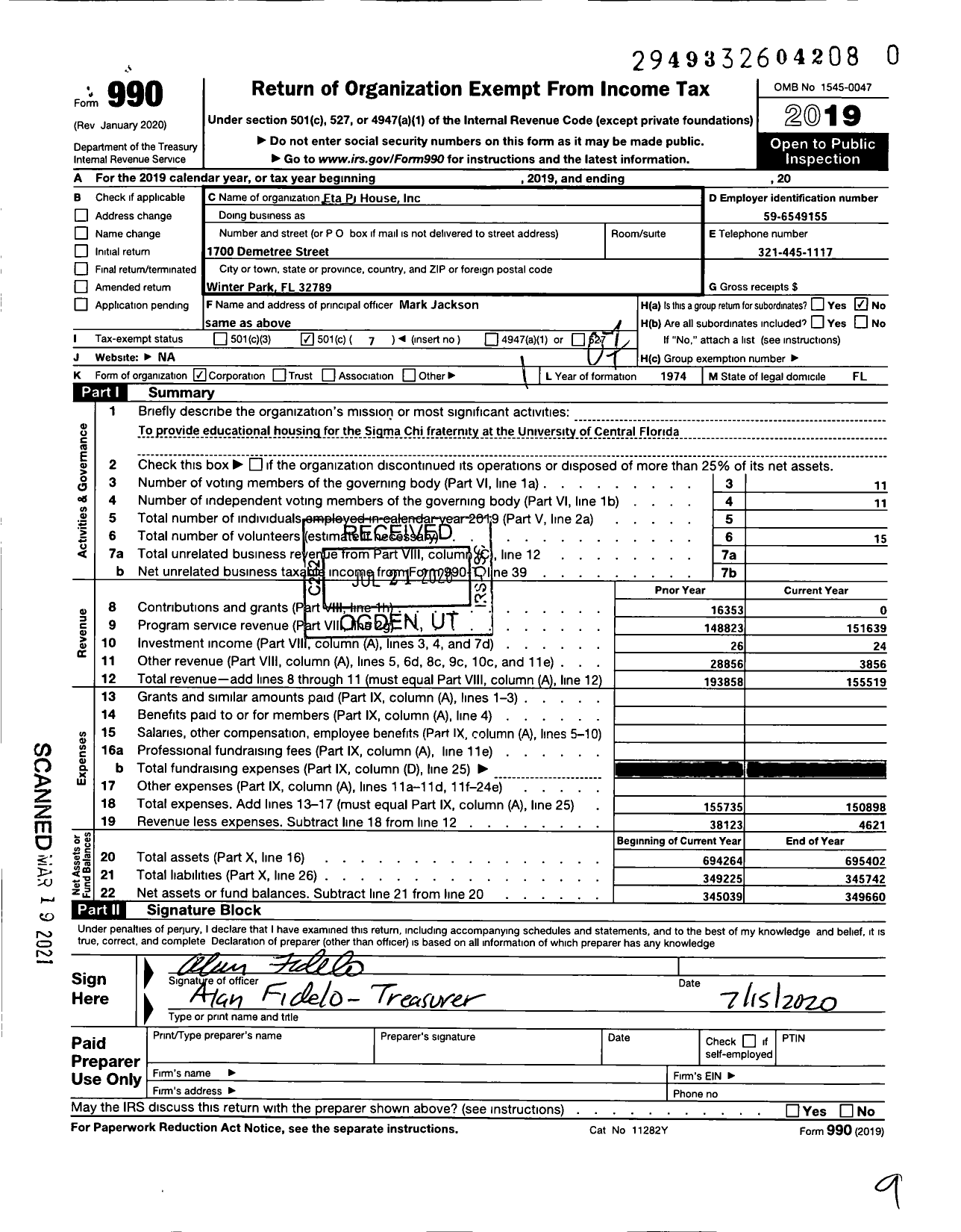 Image of first page of 2019 Form 990O for Eta Pi House