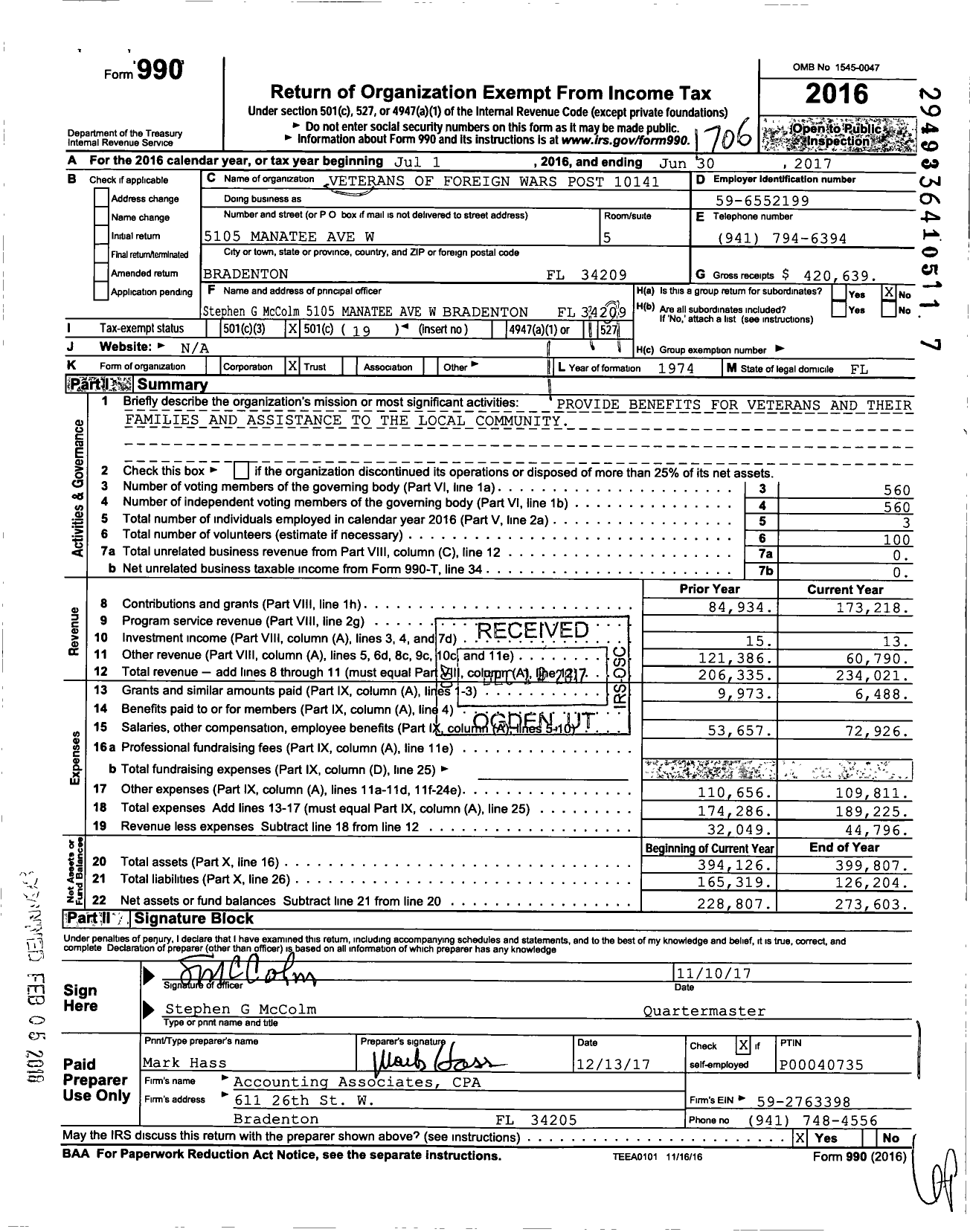 Image of first page of 2016 Form 990O for VFW Department of Florida - 10141 VFW Palma Sola