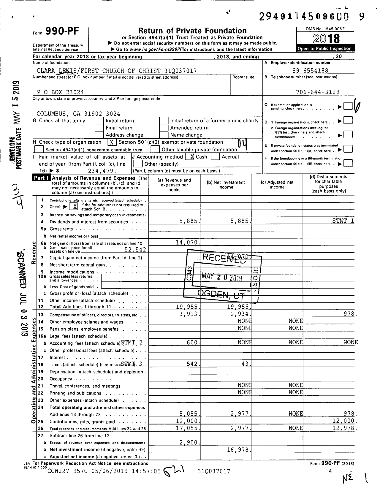 Image of first page of 2018 Form 990PF for Clara Lewisfirst Church of Christ 31q037017