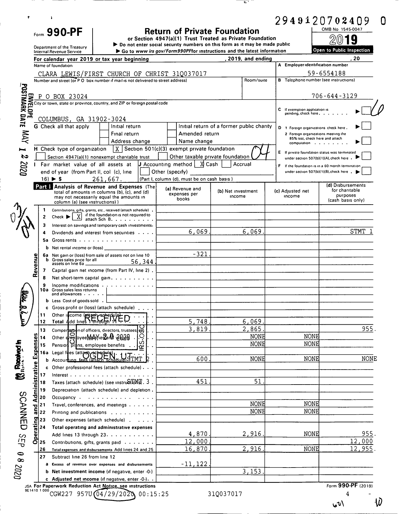 Image of first page of 2019 Form 990PR for Clara Lewisfirst Church of Christ 31q037017