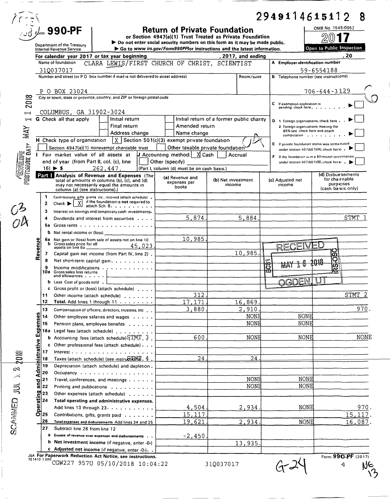 Image of first page of 2017 Form 990PF for Clara Lewisfirst Church of Christ 31q037017