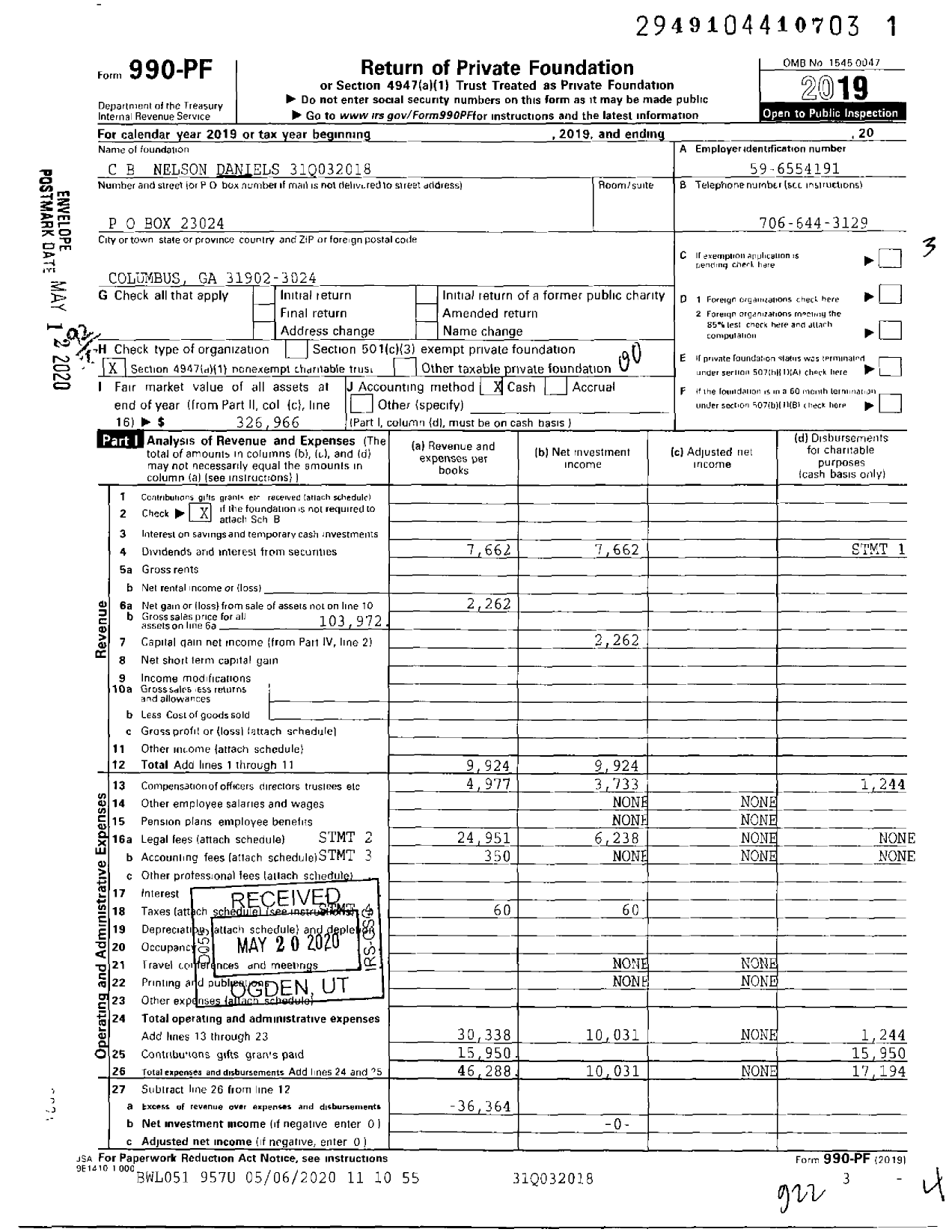 Image of first page of 2019 Form 990PF for CB Nelson Daniels 31q032018