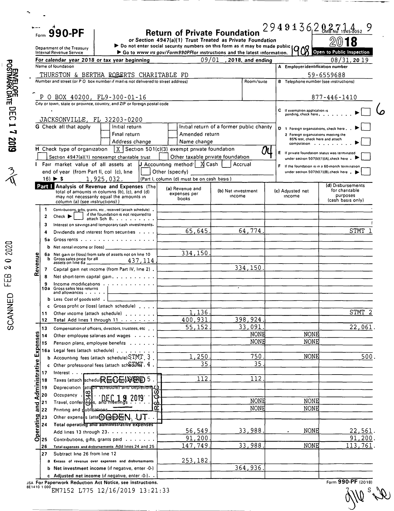 Image of first page of 2018 Form 990PF for Thurston and Bertha Roberts Charitable Fund