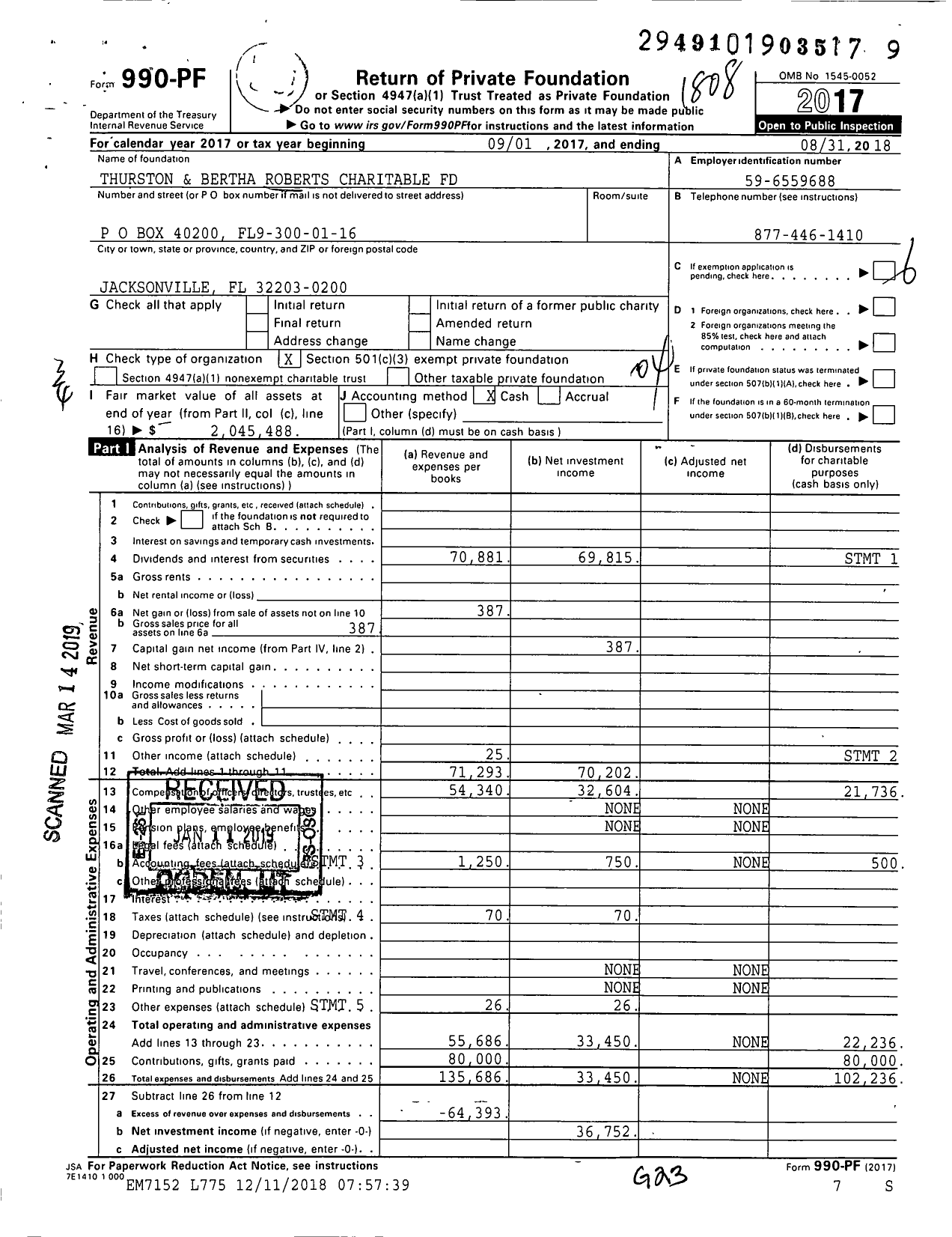 Image of first page of 2017 Form 990PF for Thurston and Bertha Roberts Charitable Fund