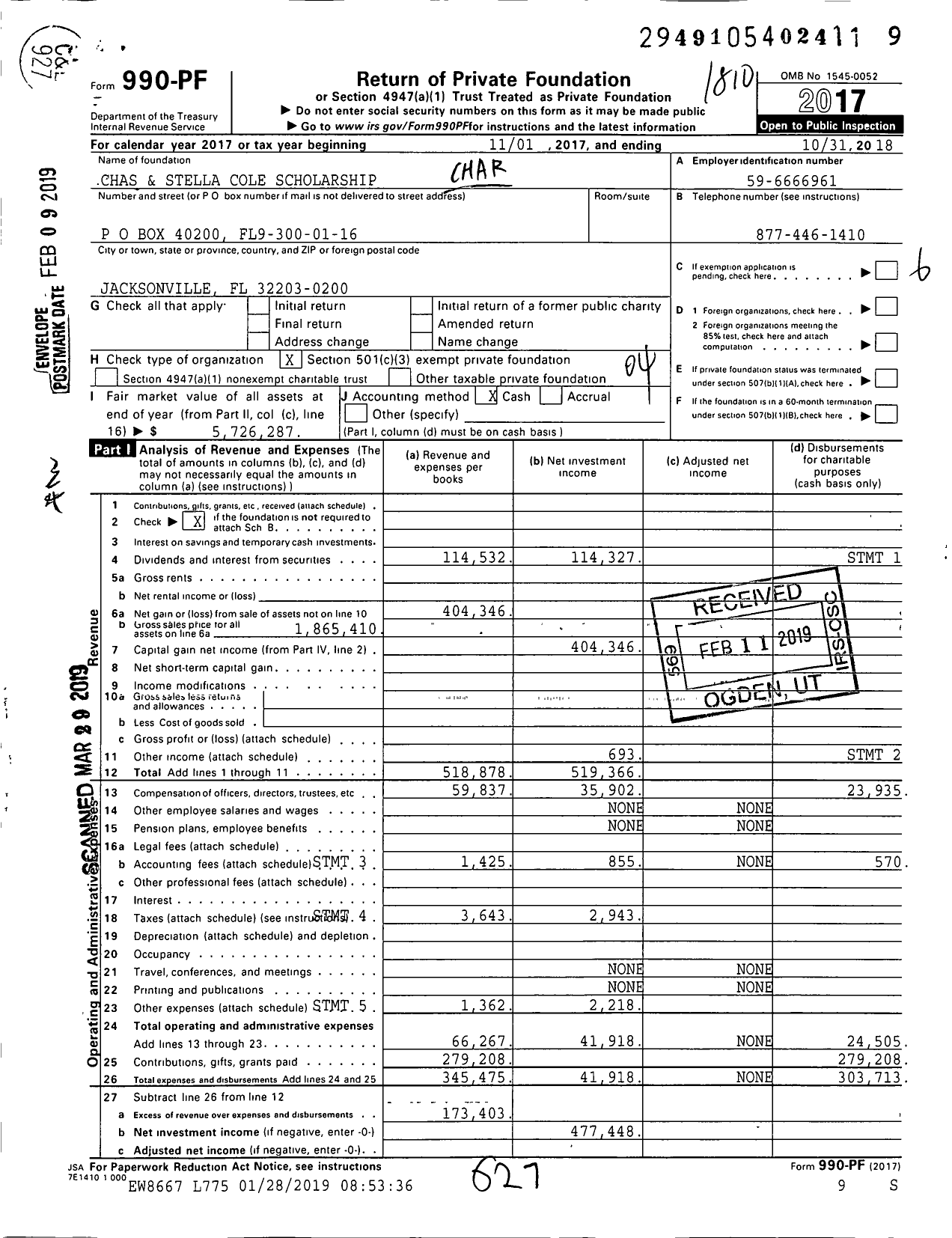 Image of first page of 2017 Form 990PF for Chas and Stella Cole Scholarship