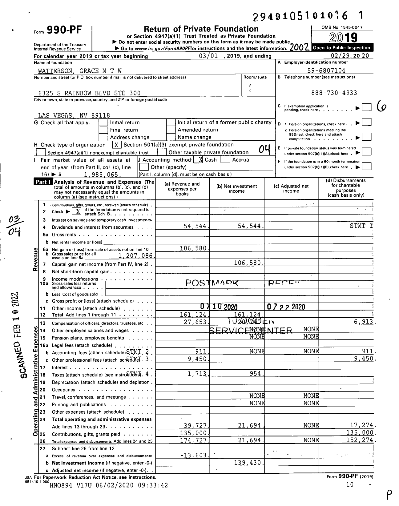 Image of first page of 2019 Form 990PF for Watterson Grace M T W