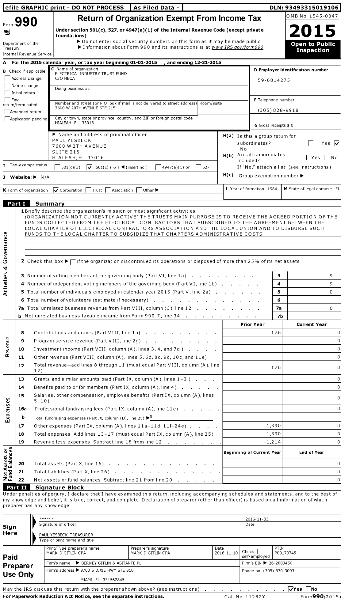 Image of first page of 2015 Form 990O for Electrical Industry Trust