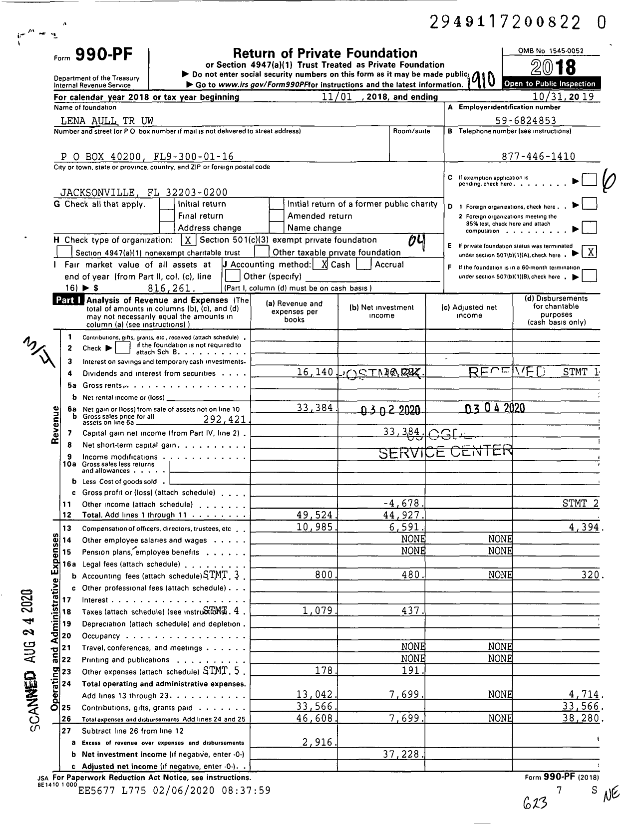 Image of first page of 2018 Form 990PR for Lena Aull TR Uw