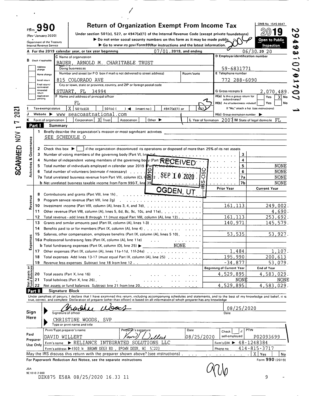 Image of first page of 2019 Form 990 for Bauer Charitable Trust