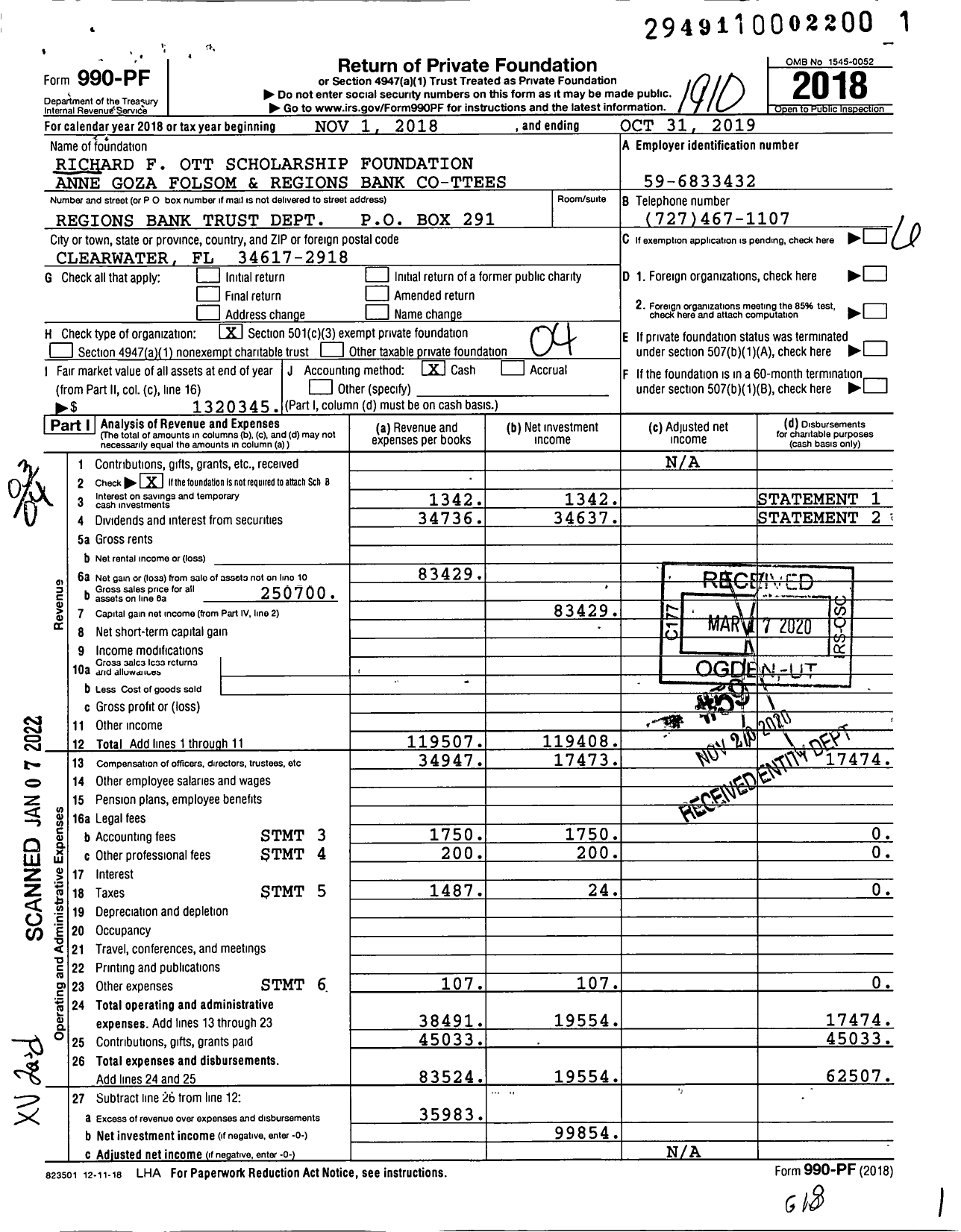 Image of first page of 2018 Form 990PF for Richard F Ott Scholarship Foundation