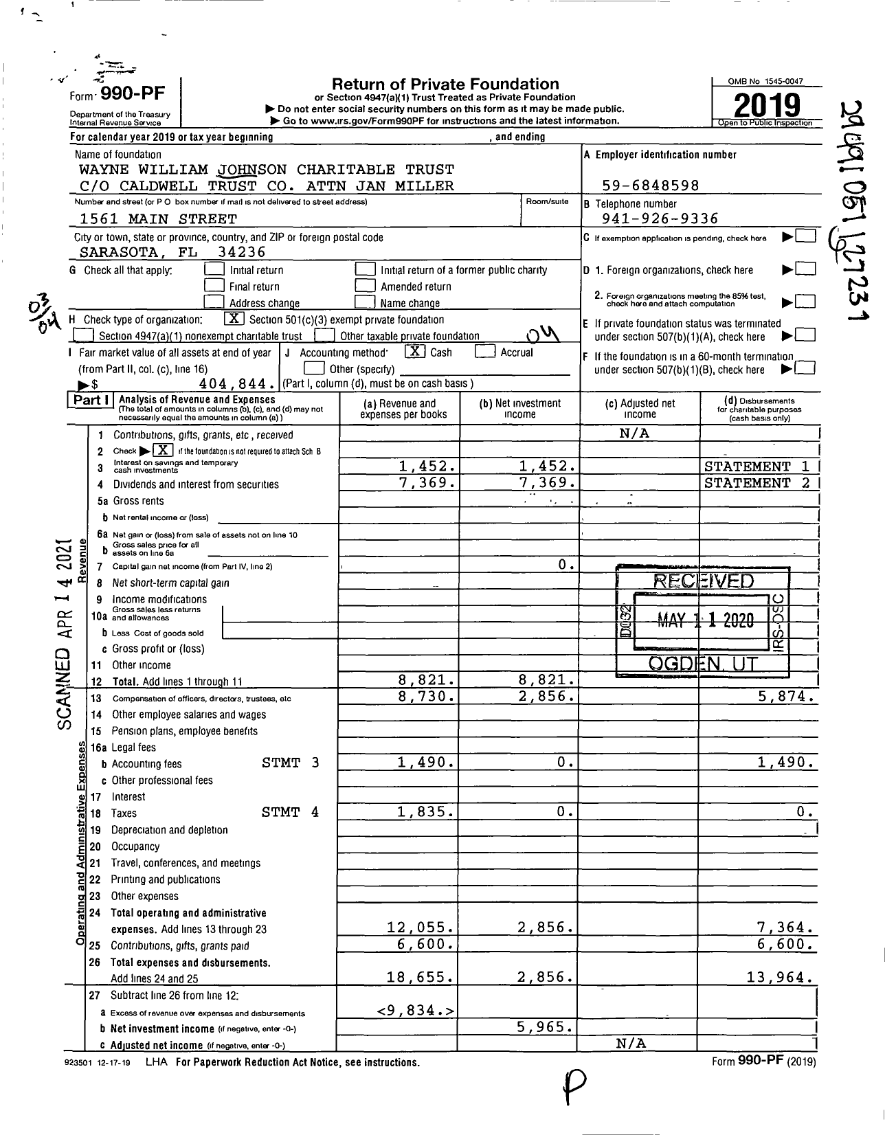 Image of first page of 2019 Form 990PF for Wayne William Johnson Charitable Trust