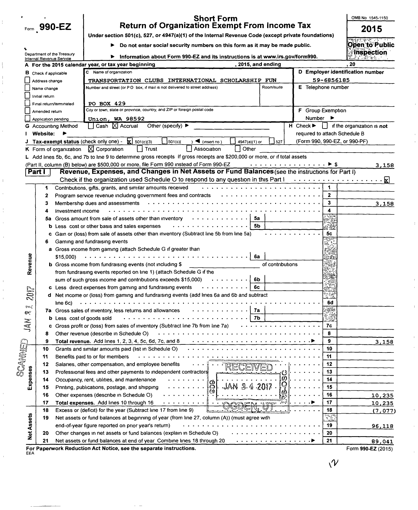 Image of first page of 2015 Form 990EZ for Transportation Clubs International Scholarship Fun