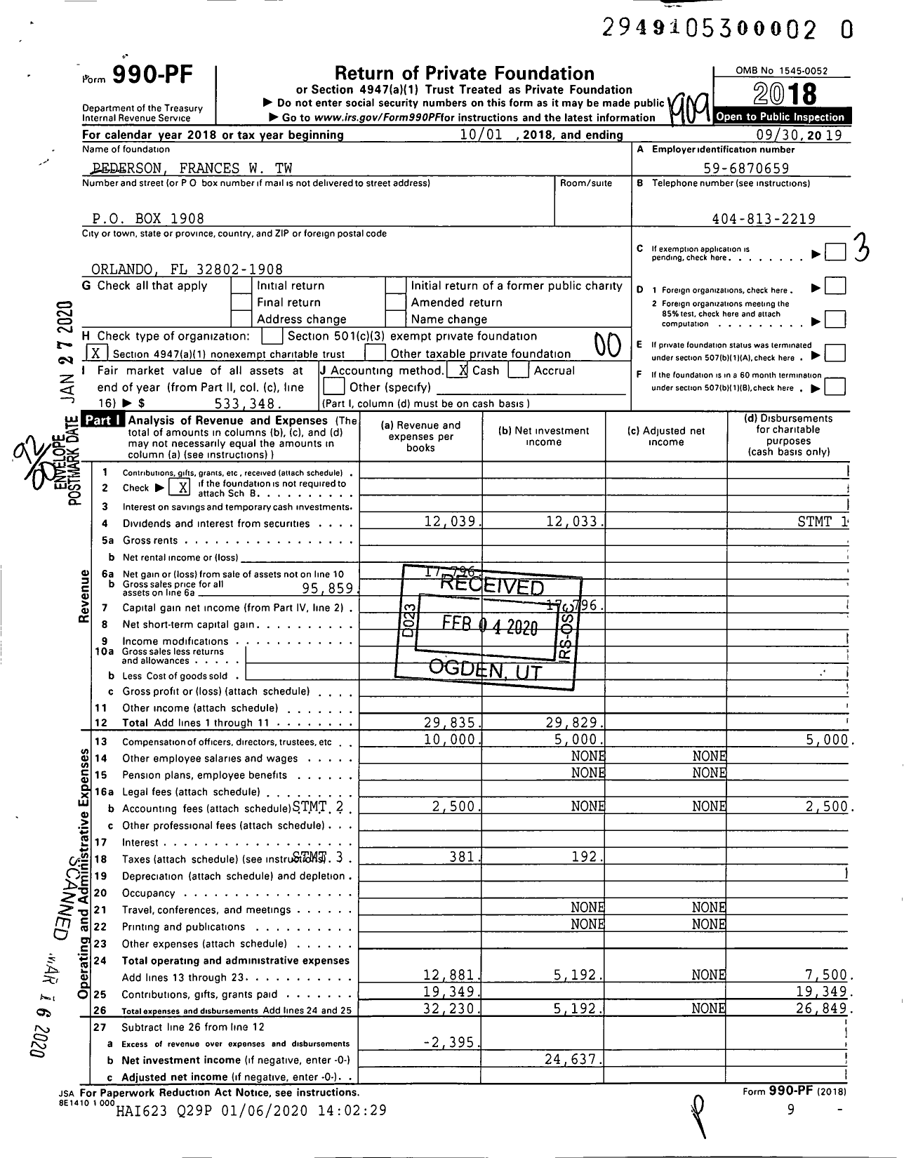 Image of first page of 2018 Form 990PR for Pederson Frances W TW