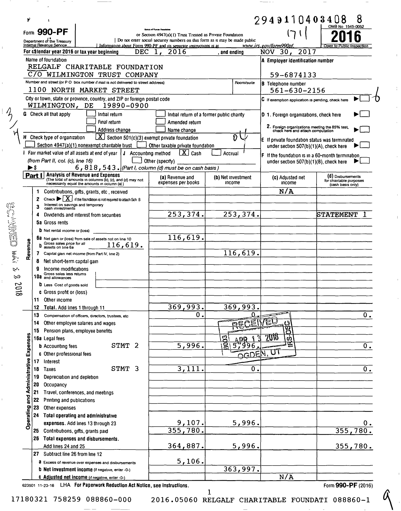 Image of first page of 2016 Form 990PF for Relgalf Charitable Foundation
