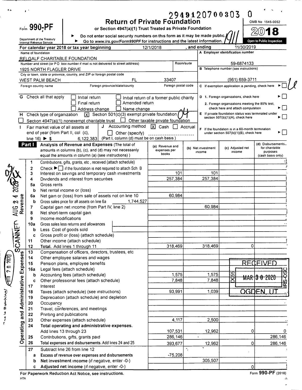 Image of first page of 2018 Form 990PR for Relgalf Charitable Foundation