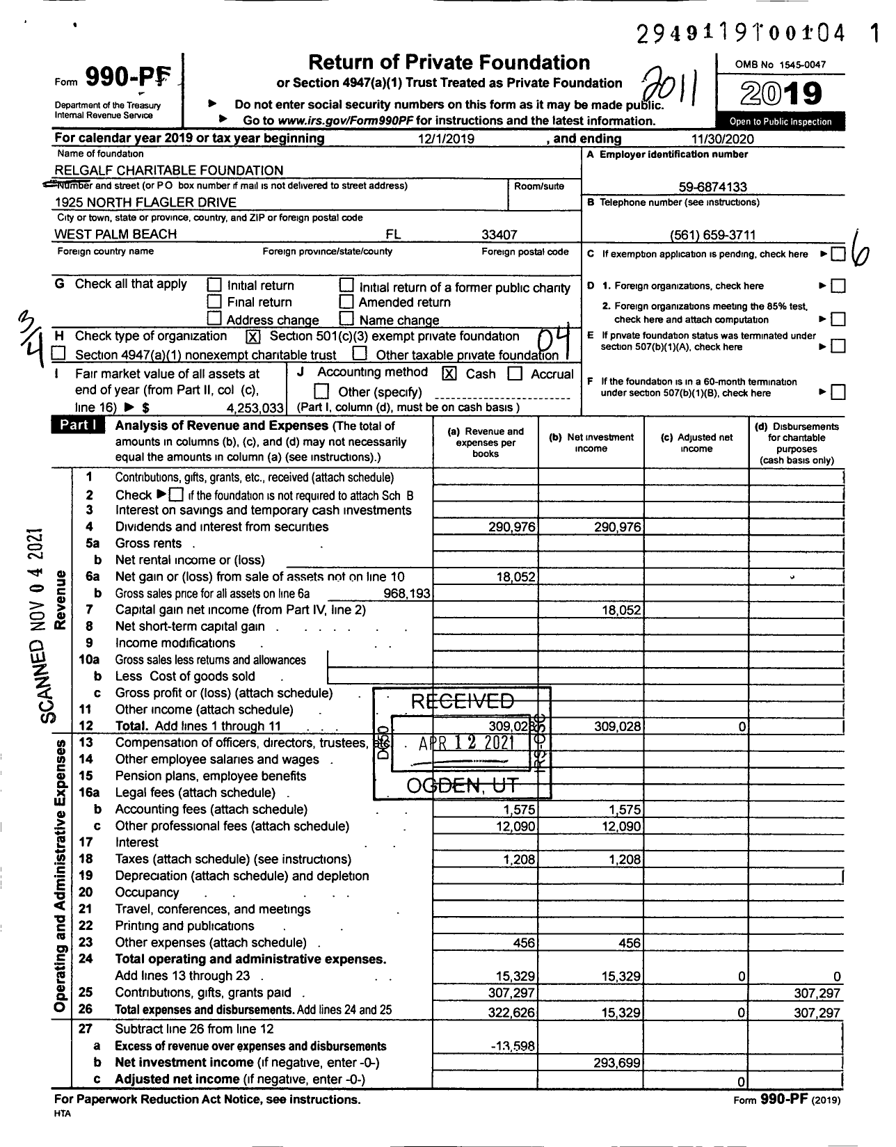 Image of first page of 2019 Form 990PF for Relgalf Charitable Foundation