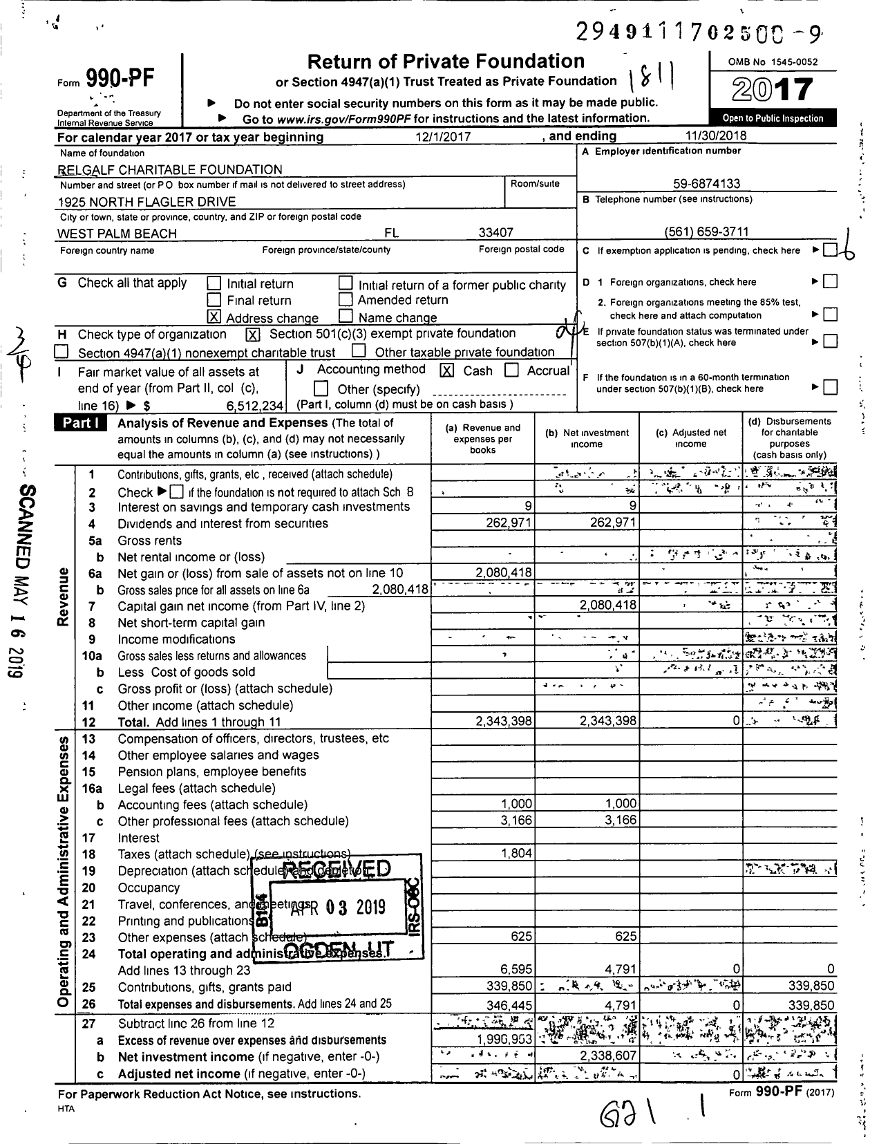 Image of first page of 2017 Form 990PF for Relgalf Charitable Foundation