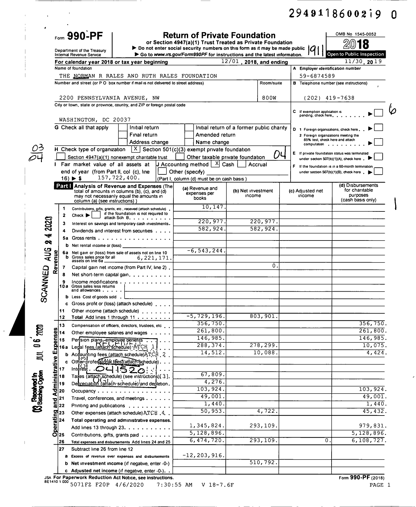 Image of first page of 2018 Form 990PR for The Norman R Rales and Ruth Rales Foundation