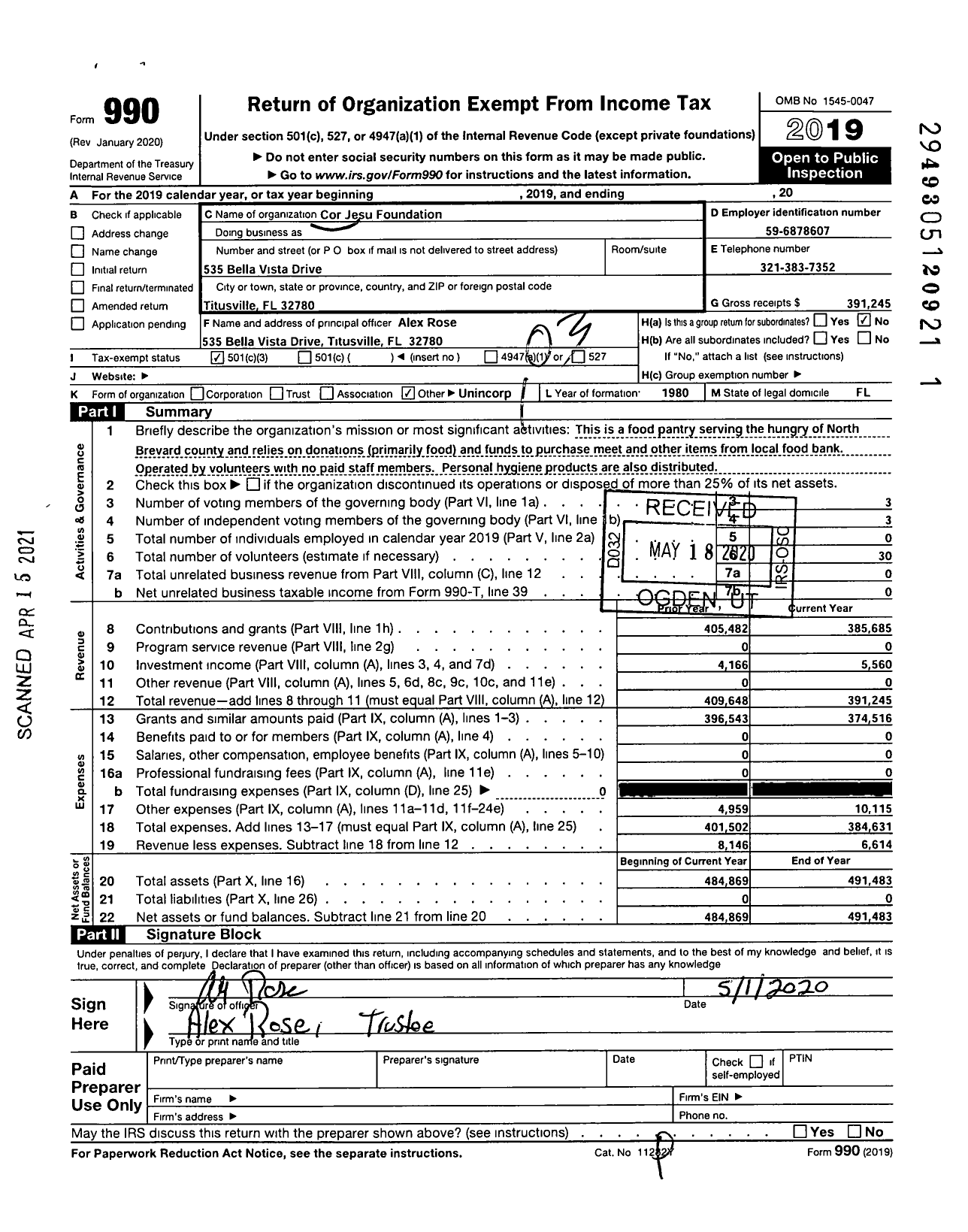 Image of first page of 2019 Form 990 for Cor Jesu Foundation