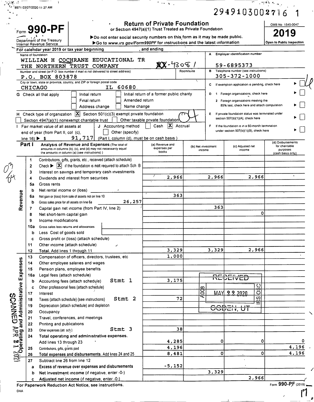 Image of first page of 2019 Form 990PF for William H Cochrane Educational TR the Northern Trust Company