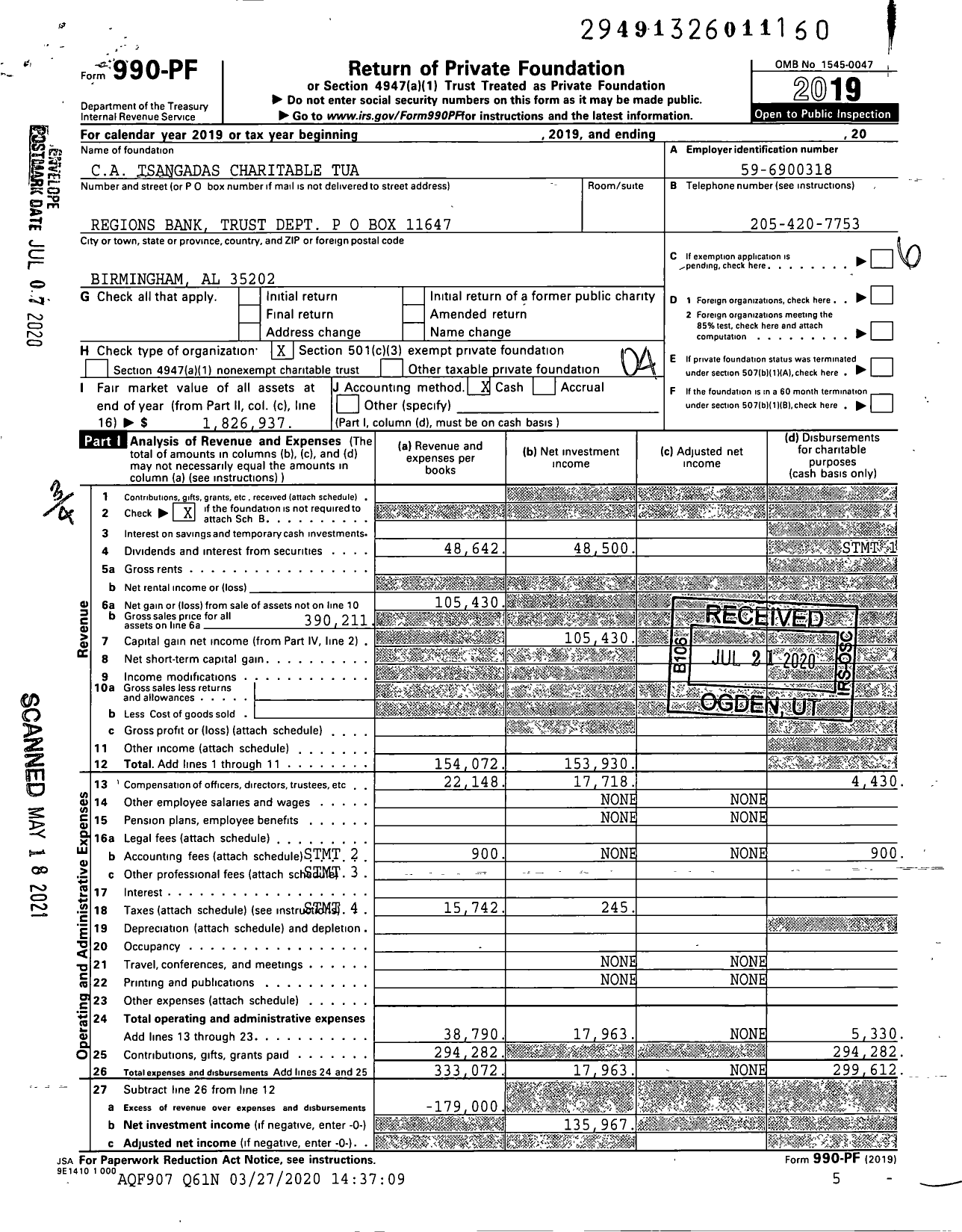 Image of first page of 2019 Form 990PF for Ca Tsangadas Charitable Tua