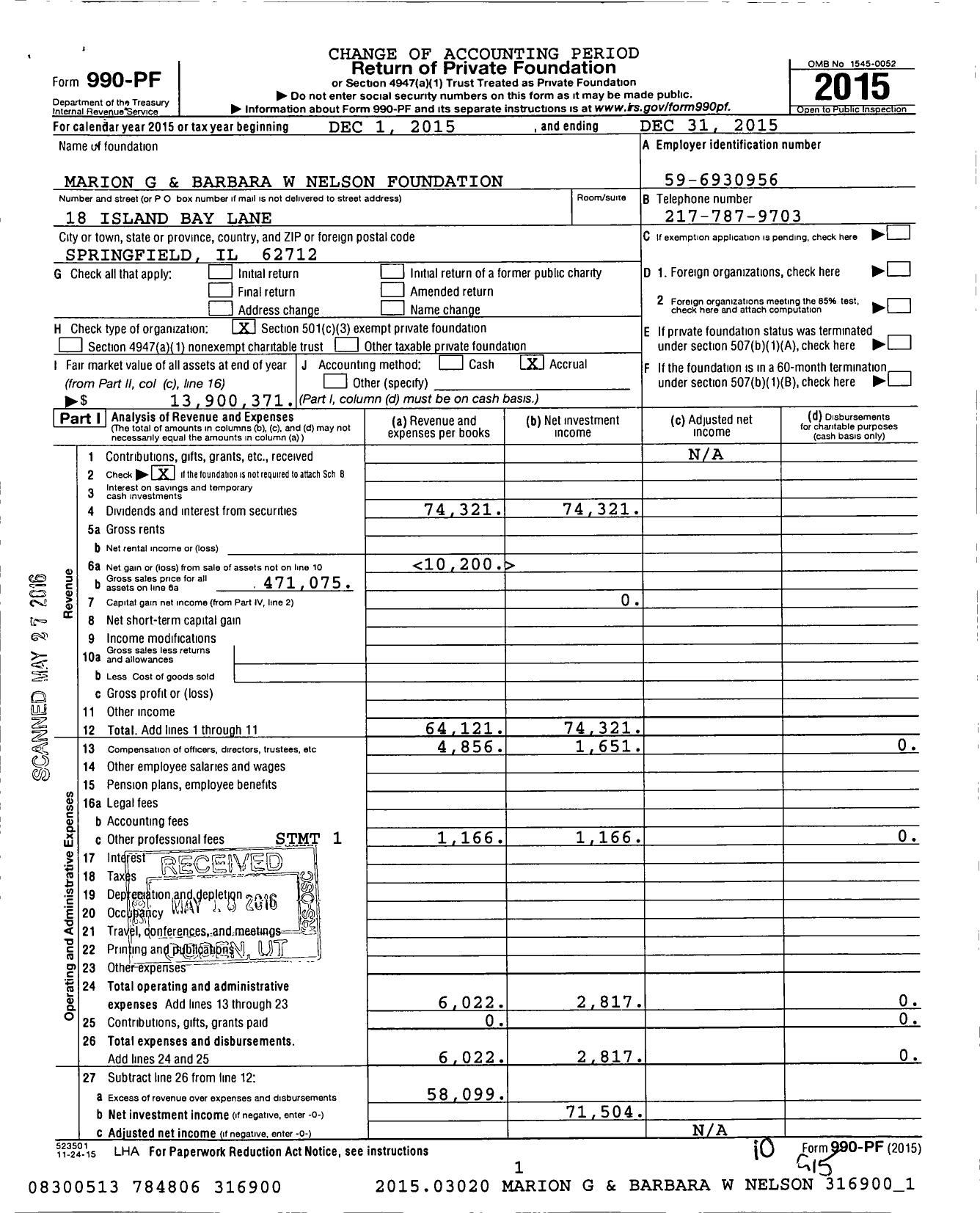 Image of first page of 2015 Form 990PF for Marion G and Barbara W Nelson Foundation