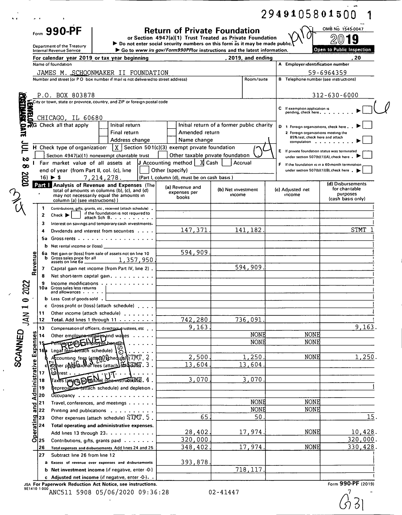 Image of first page of 2019 Form 990PF for James M Schoonmaker Ii Foundation