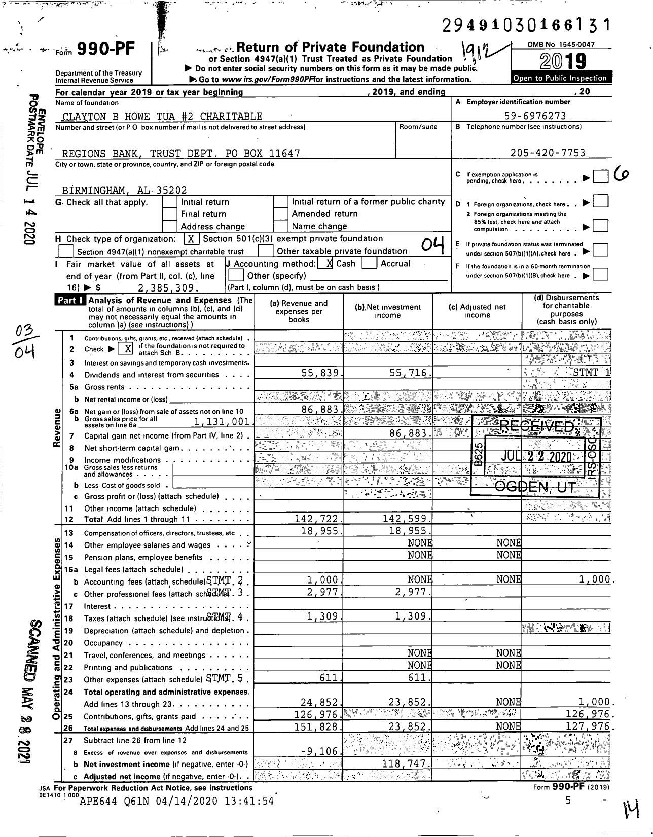Image of first page of 2019 Form 990PF for Clayton B Howe Tua #2 Charitable