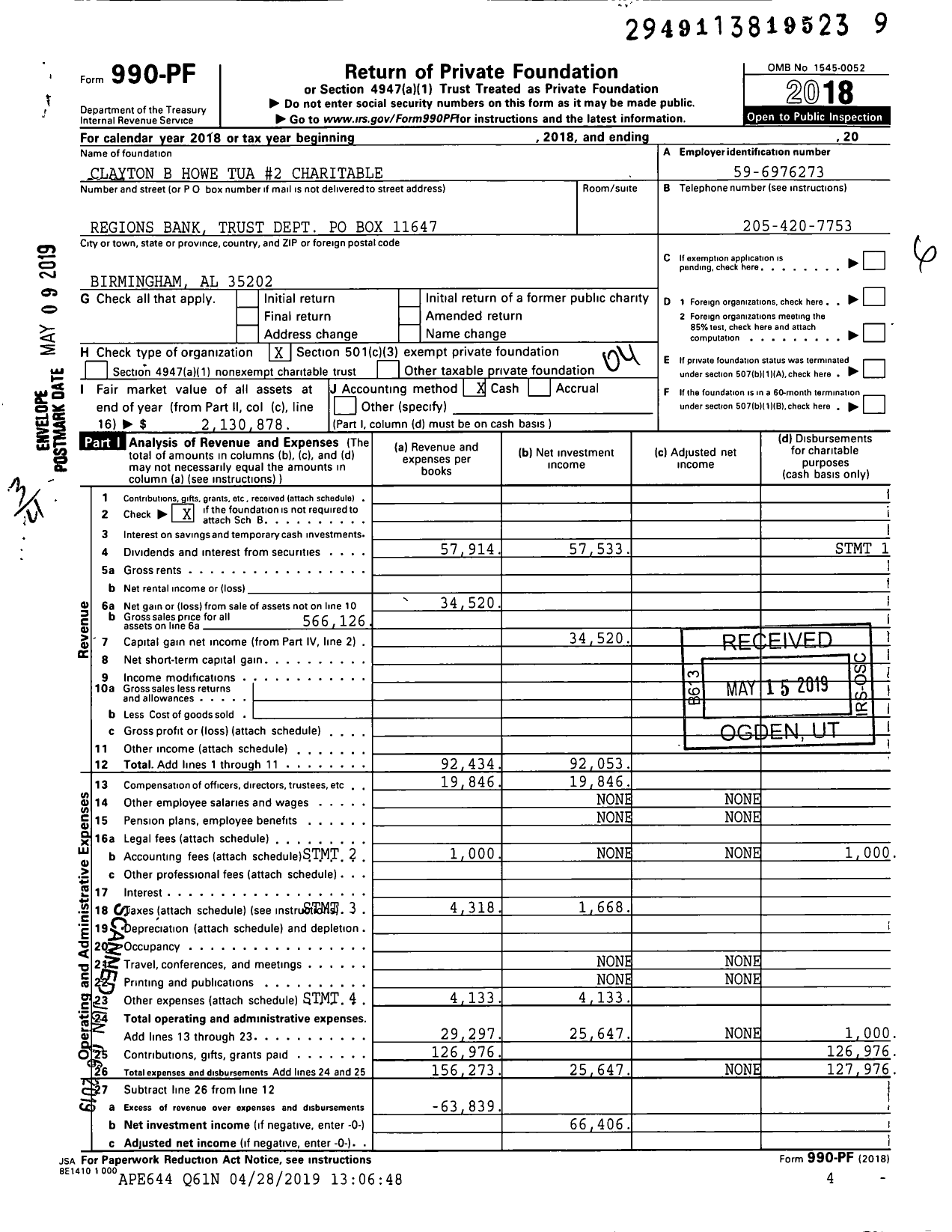 Image of first page of 2018 Form 990PF for Clayton B Howe Tua #2 Charitable