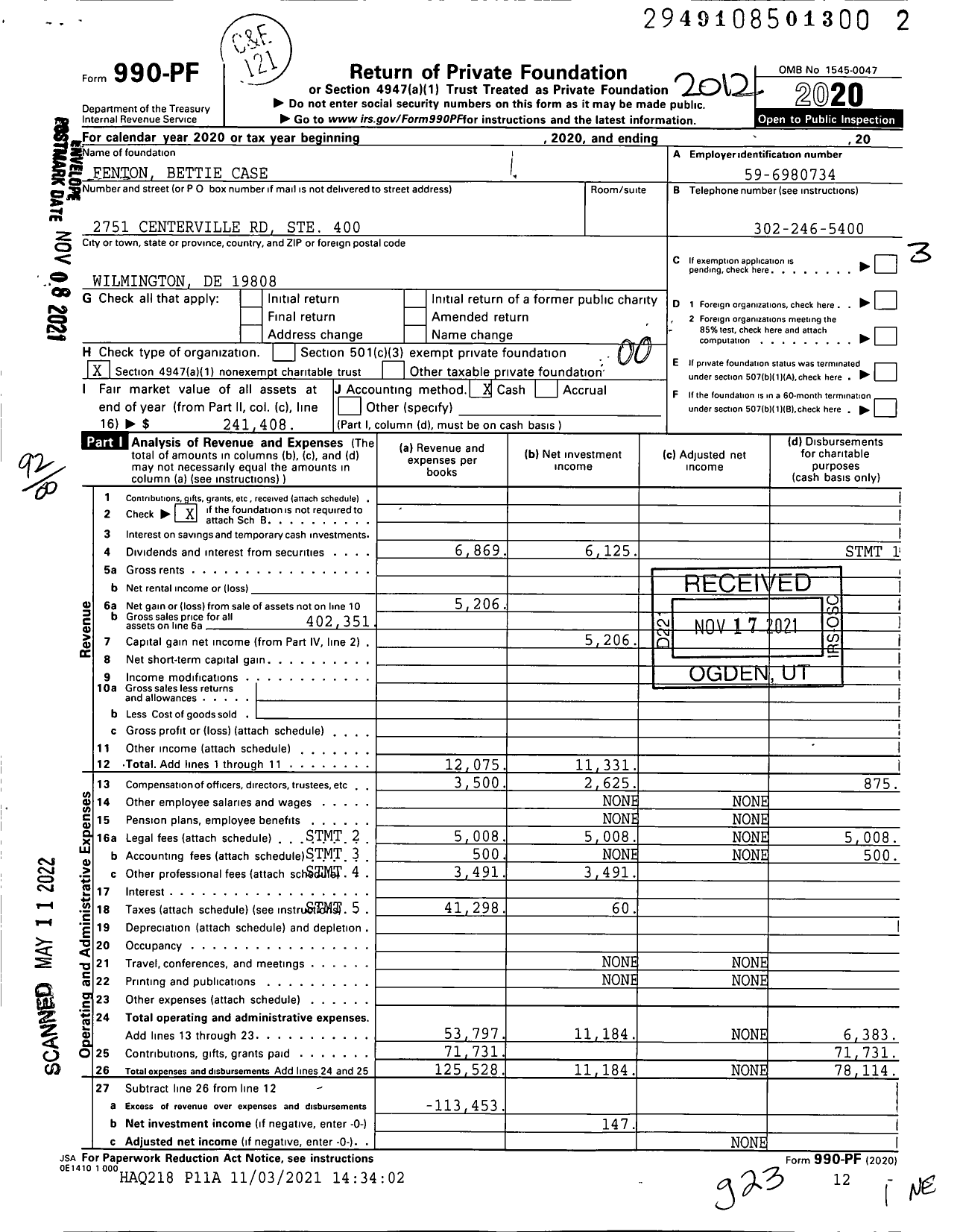 Image of first page of 2020 Form 990PF for Fenton Bettie Case