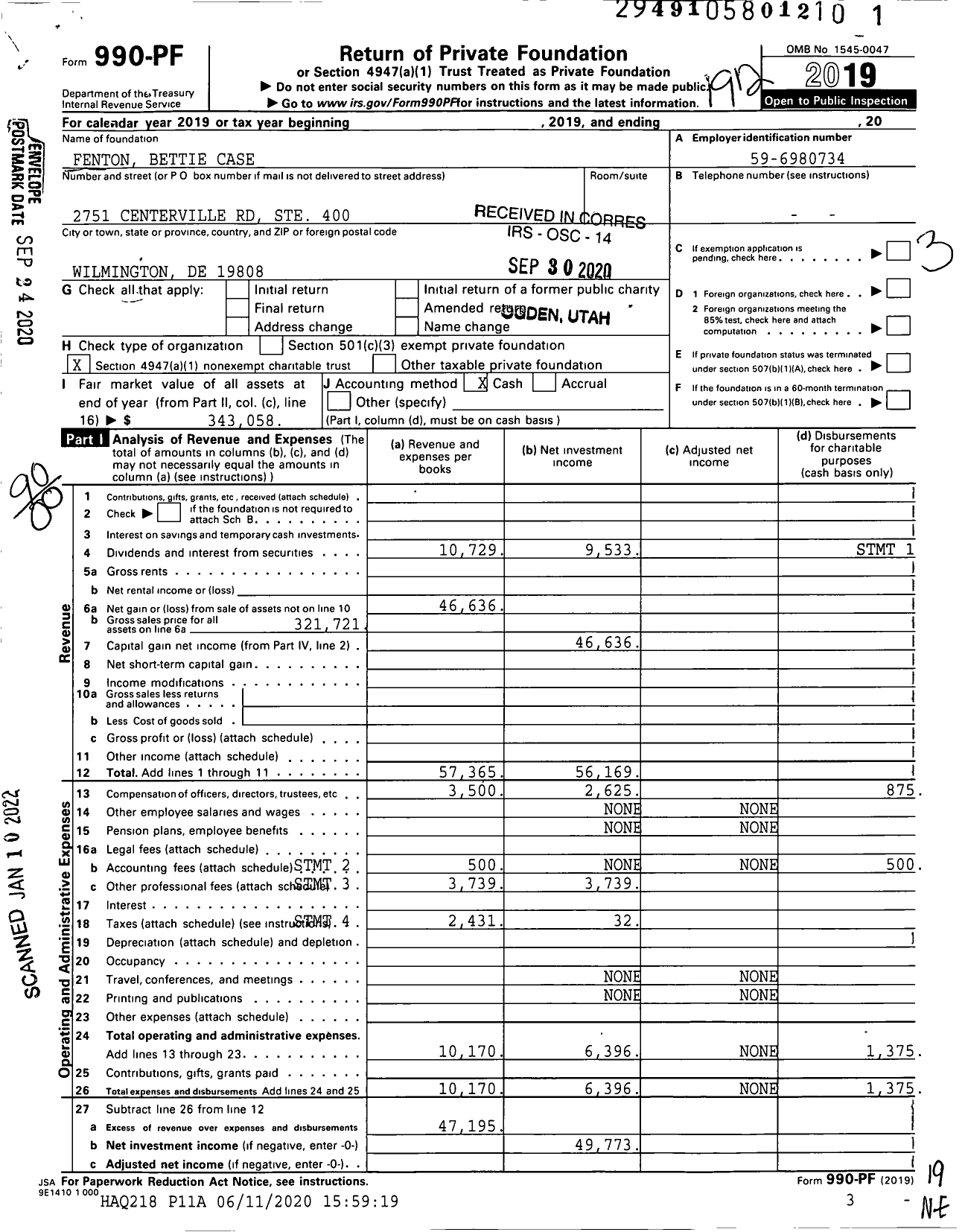 Image of first page of 2019 Form 990PF for Fenton Bettie Case