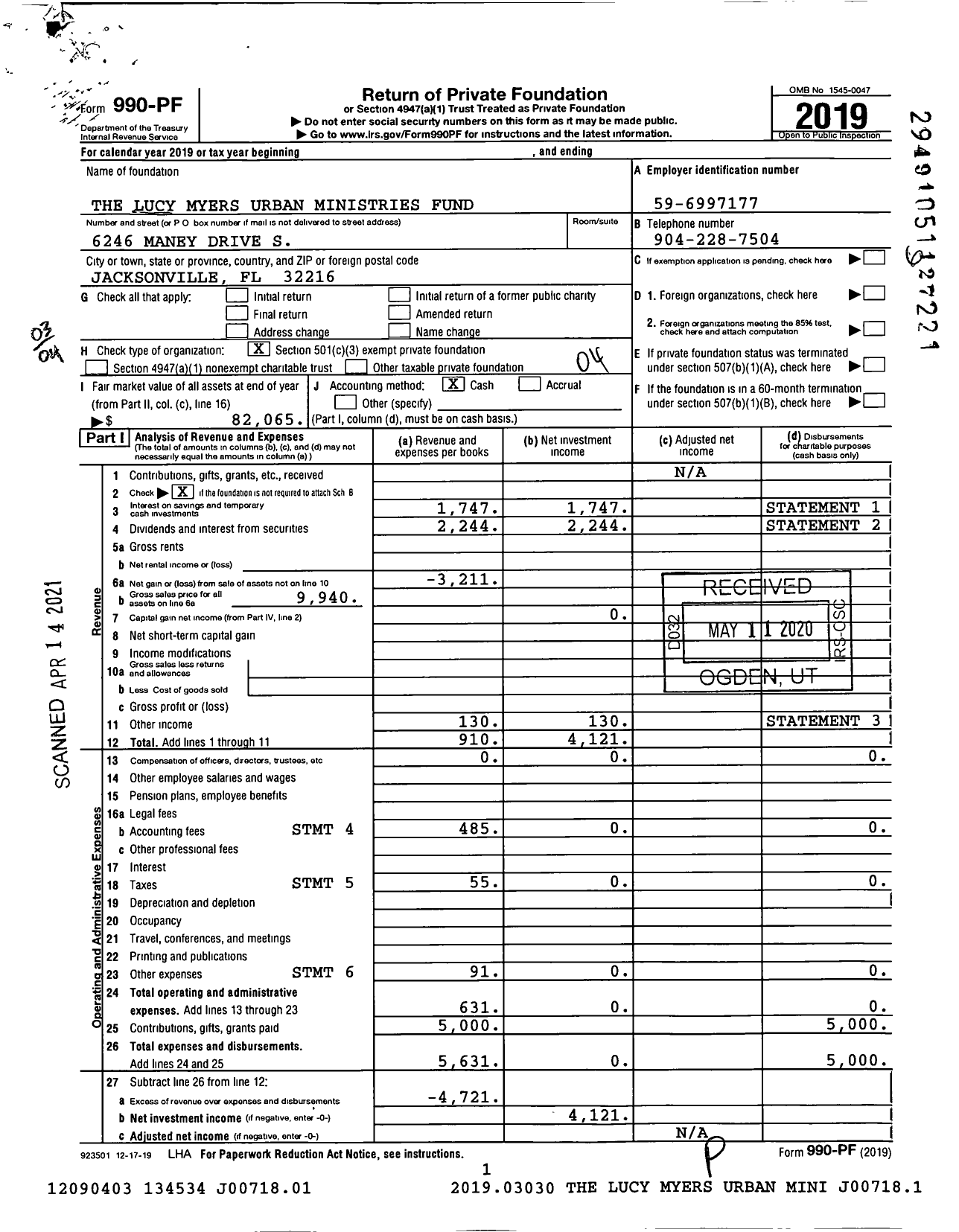 Image of first page of 2019 Form 990PF for The Lucy Myers Urban Ministeries Fund