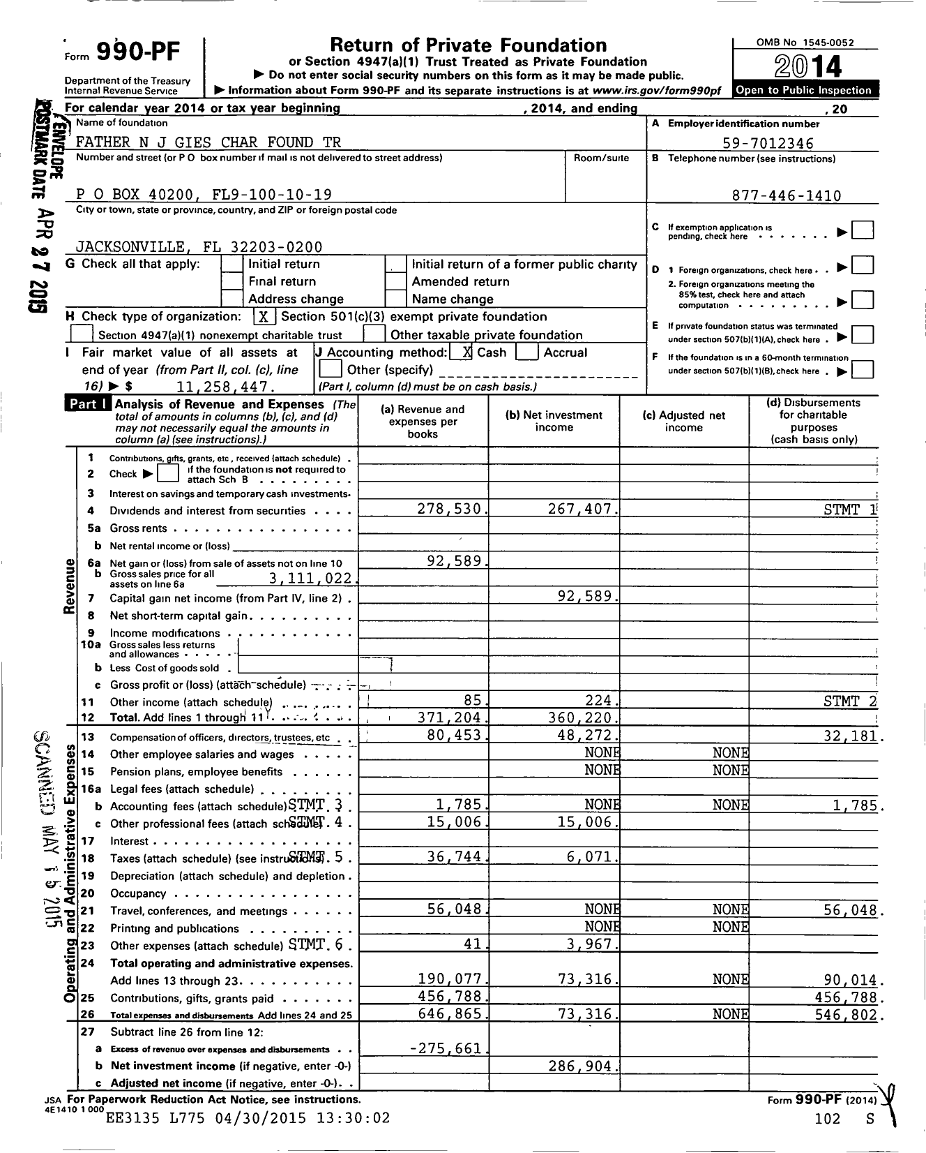 Image of first page of 2014 Form 990PF for Father N J Gies Char Found Trust