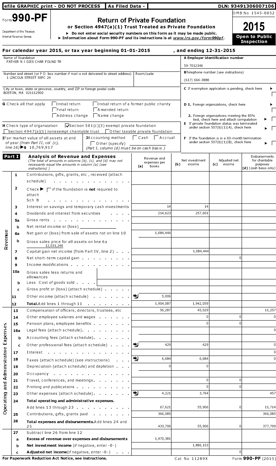 Image of first page of 2015 Form 990PF for Father N J Gies Char Found Trust