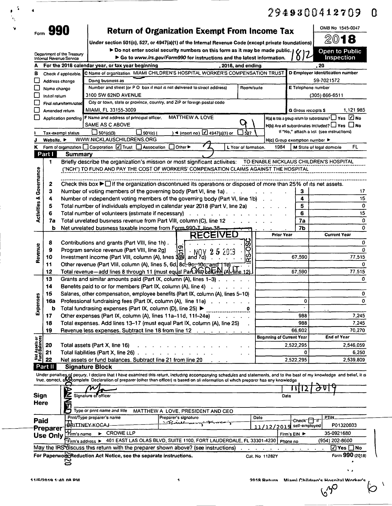 Image of first page of 2018 Form 990O for Miami Children's Hospital Worker's Compensation Trust
