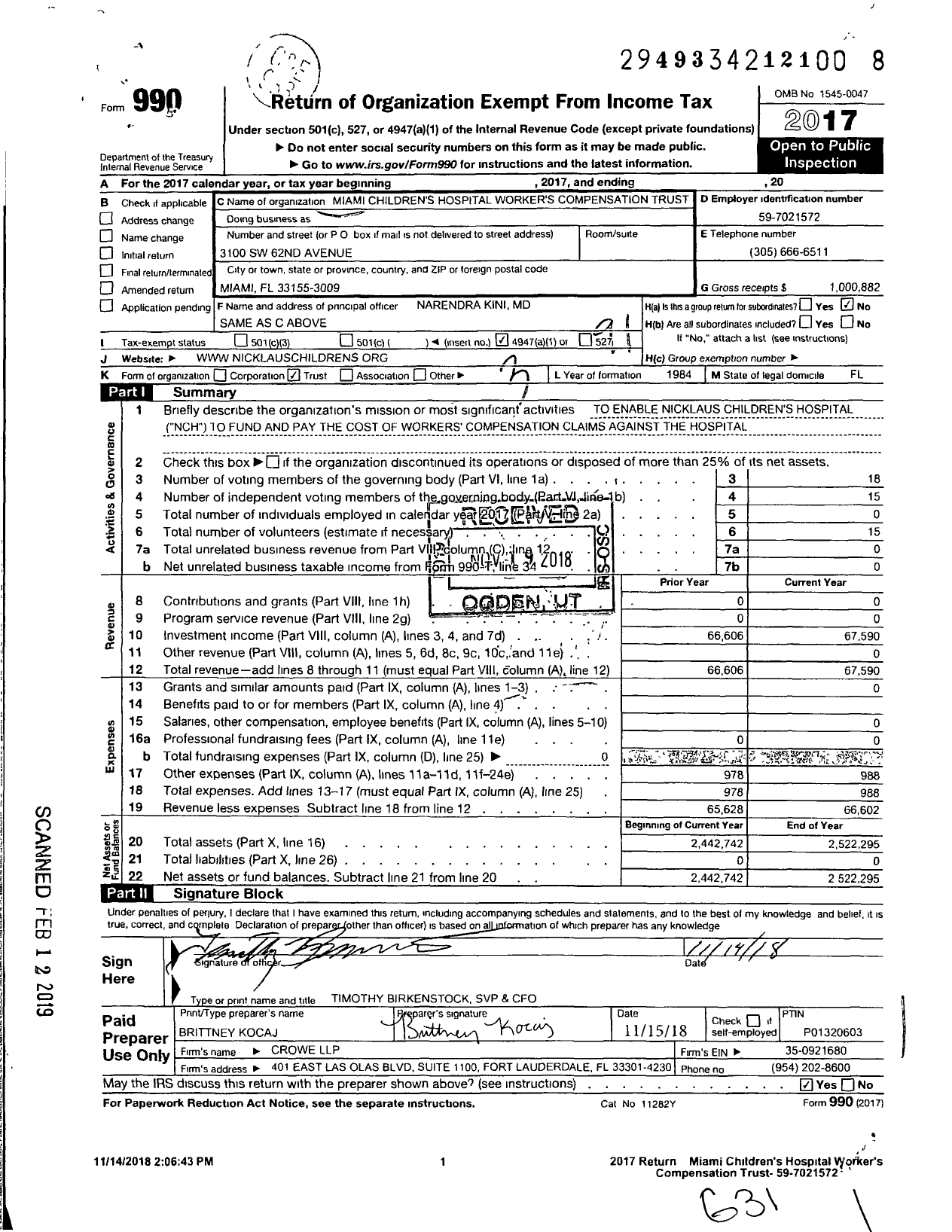 Image of first page of 2017 Form 990O for Miami Children's Hospital Worker's Compensation Trust