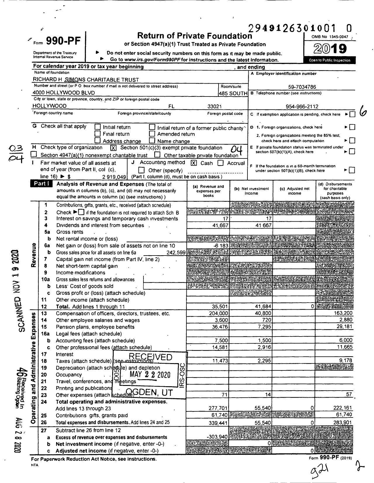 Image of first page of 2019 Form 990PF for Richard H Simons Charitable Trust