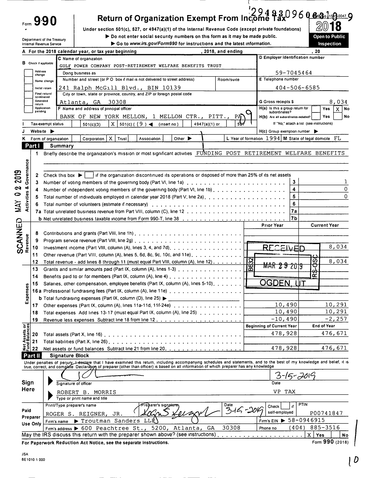 Image of first page of 2018 Form 990O for Gulf Power Company Post-Retirement Welfare Benefits Trust