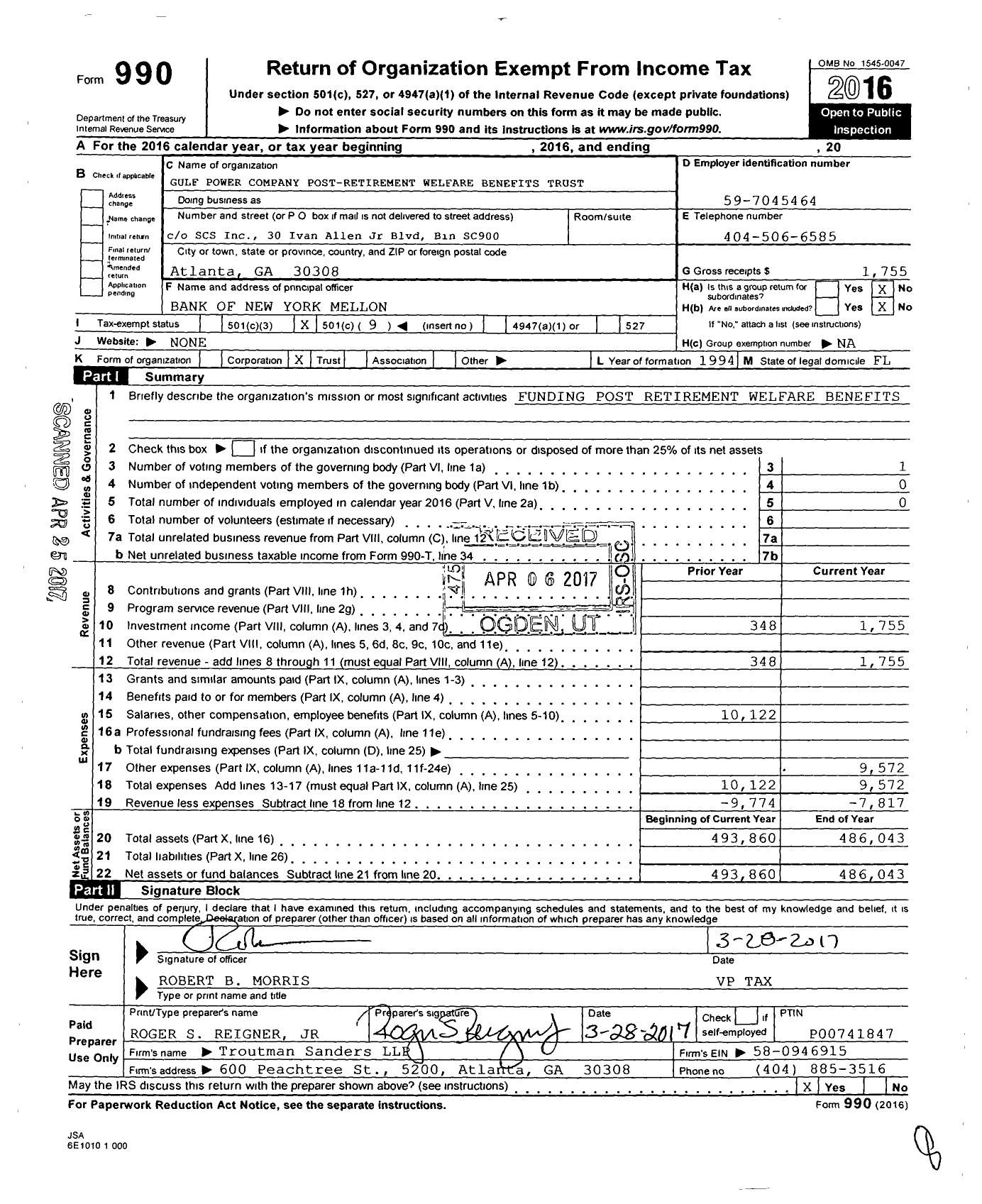 Image of first page of 2016 Form 990O for Gulf Power Company Post-Retirement Welfare Benefits Trust