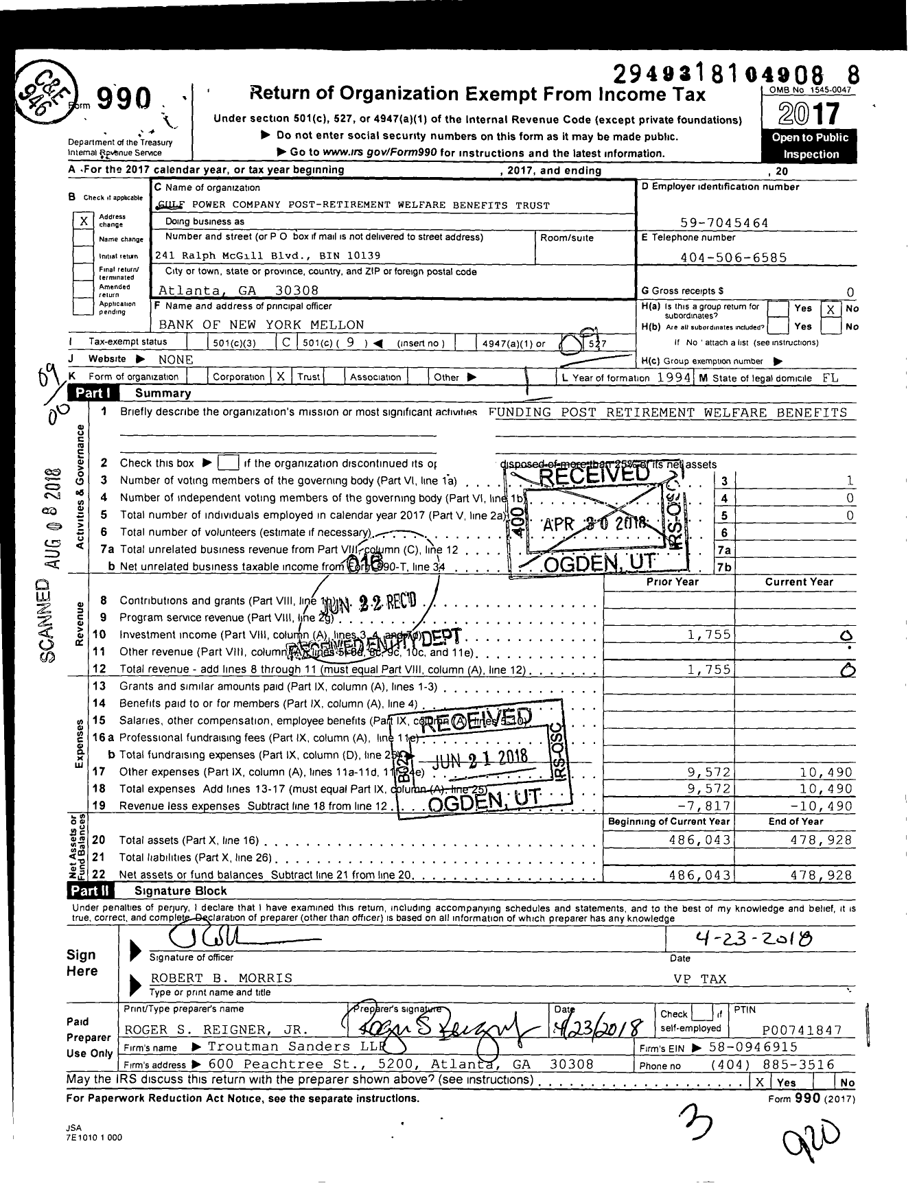 Image of first page of 2017 Form 990O for Gulf Power Company Post-Retirement Welfare Benefits Trust