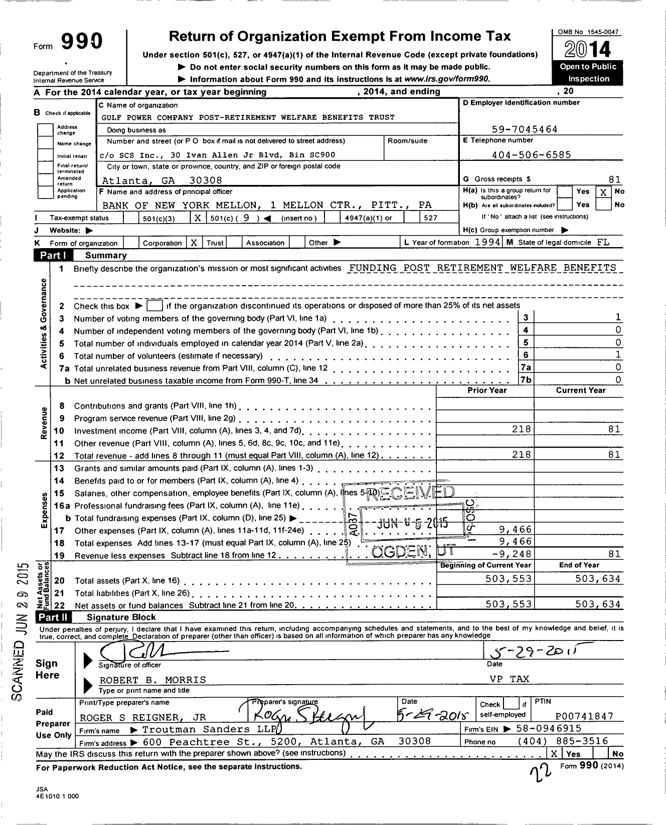 Image of first page of 2014 Form 990O for Gulf Power Company Post-Retirement Welfare Benefits Trust