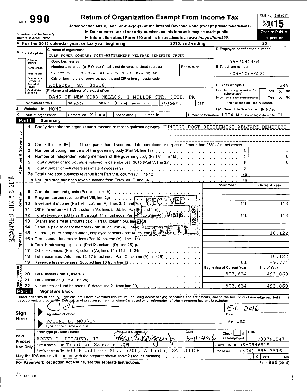 Image of first page of 2015 Form 990O for Gulf Power Company Post-Retirement Welfare Benefits Trust