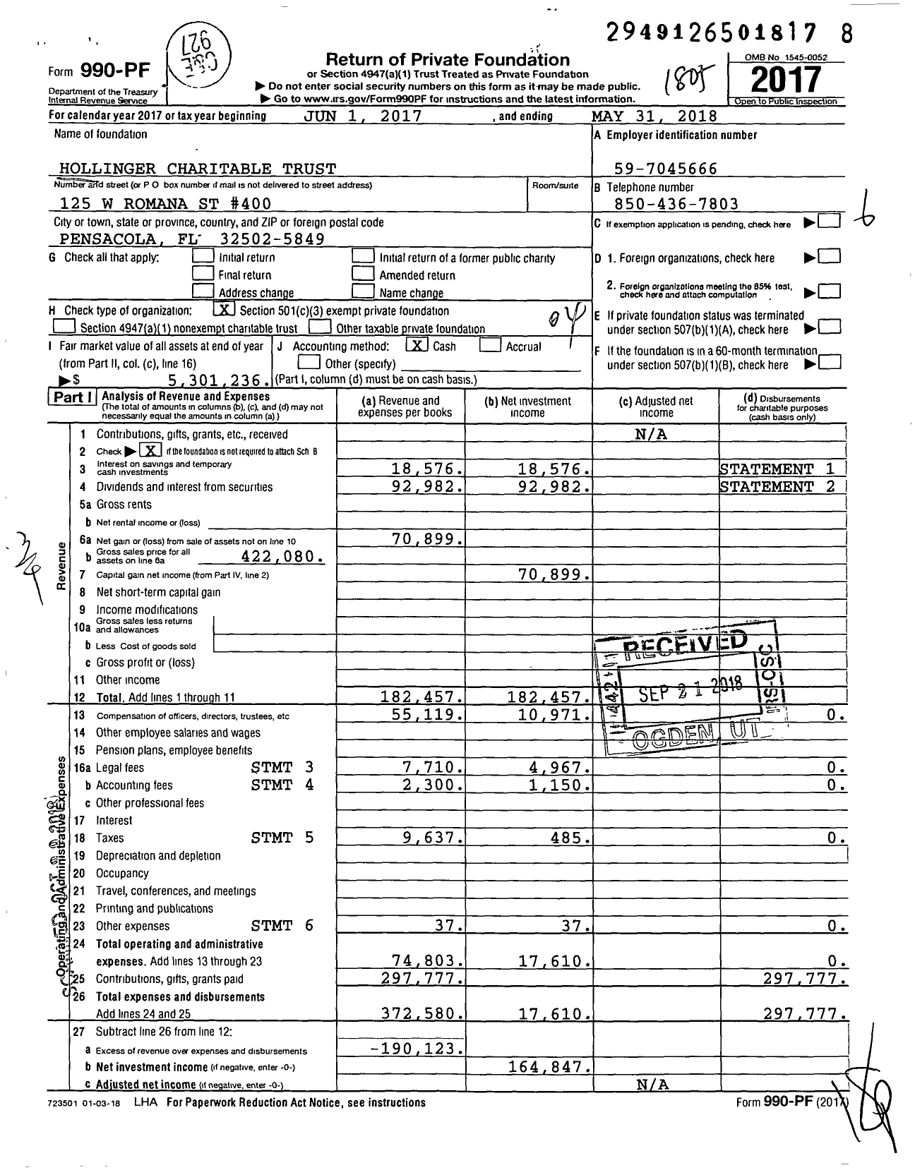 Image of first page of 2017 Form 990PF for Hollinger Charitable Trust