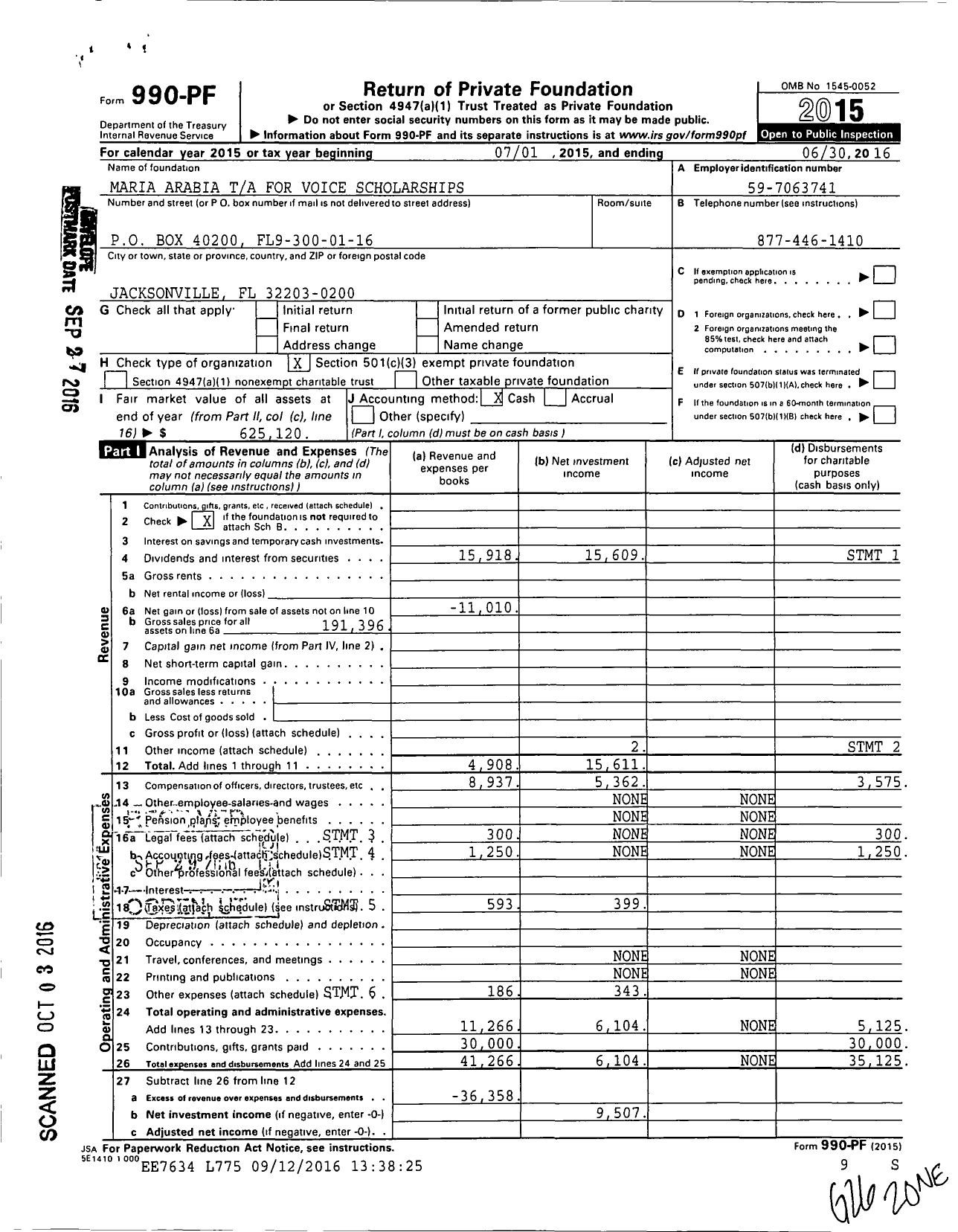 Image of first page of 2015 Form 990PF for Maria Arabia Ta for Voice Scholarships