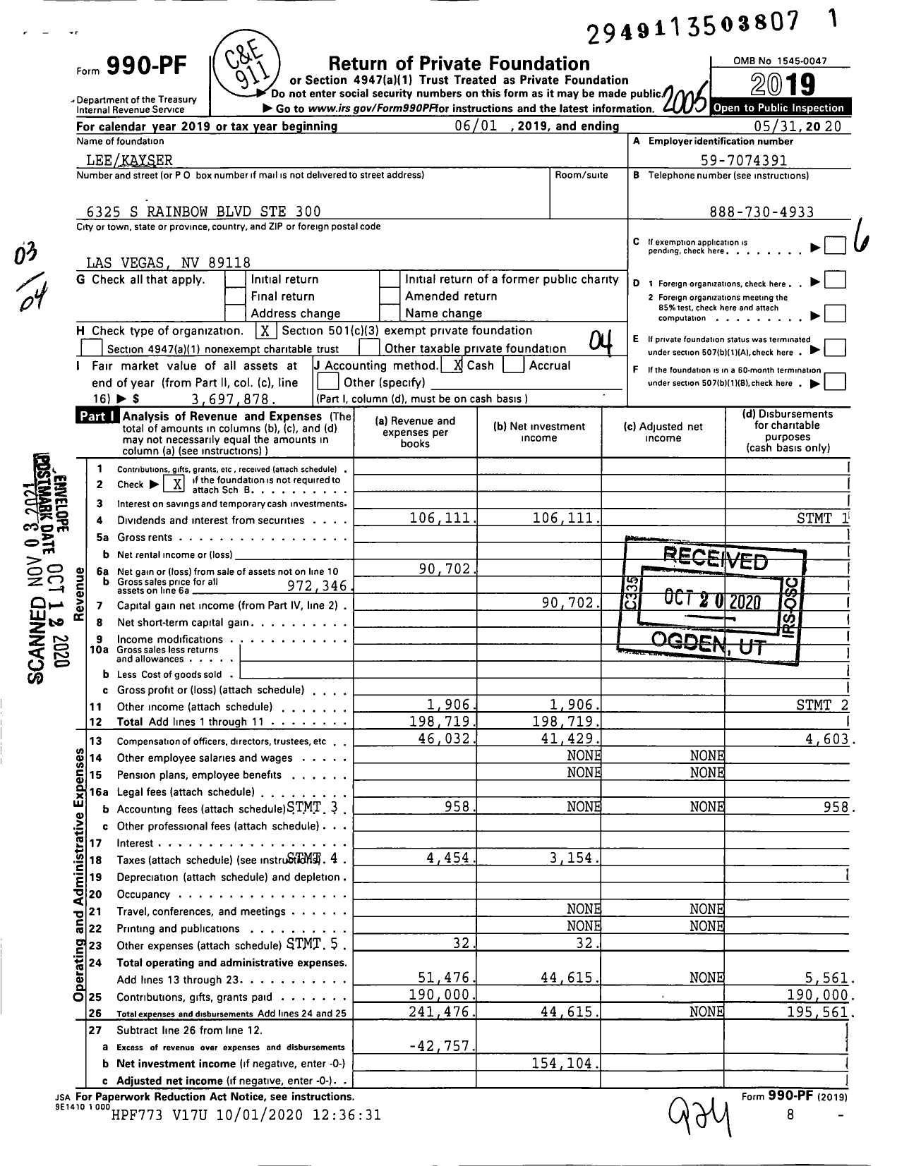 Image of first page of 2019 Form 990PF for Leekayser